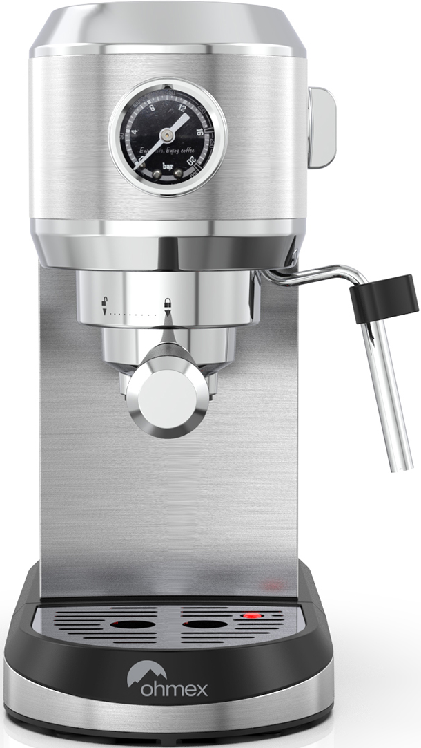 Espressomaschine aus Edelstahl. Merkmale sind ein Manometer, eine Dampflanze und ein schwarzer Sockel mit der Marke 'Ohmex'.