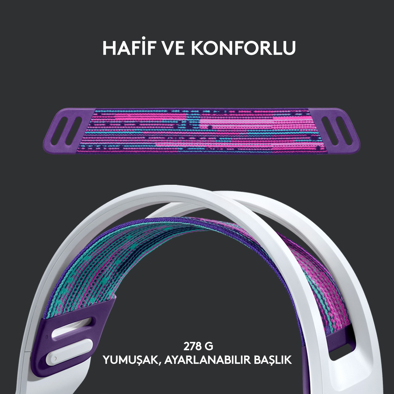 Beyaz bir kafa bandına ve mor vurgulara sahip kulaklıklar, metin Türkçe "Hafif ve konforlu" diyor.
