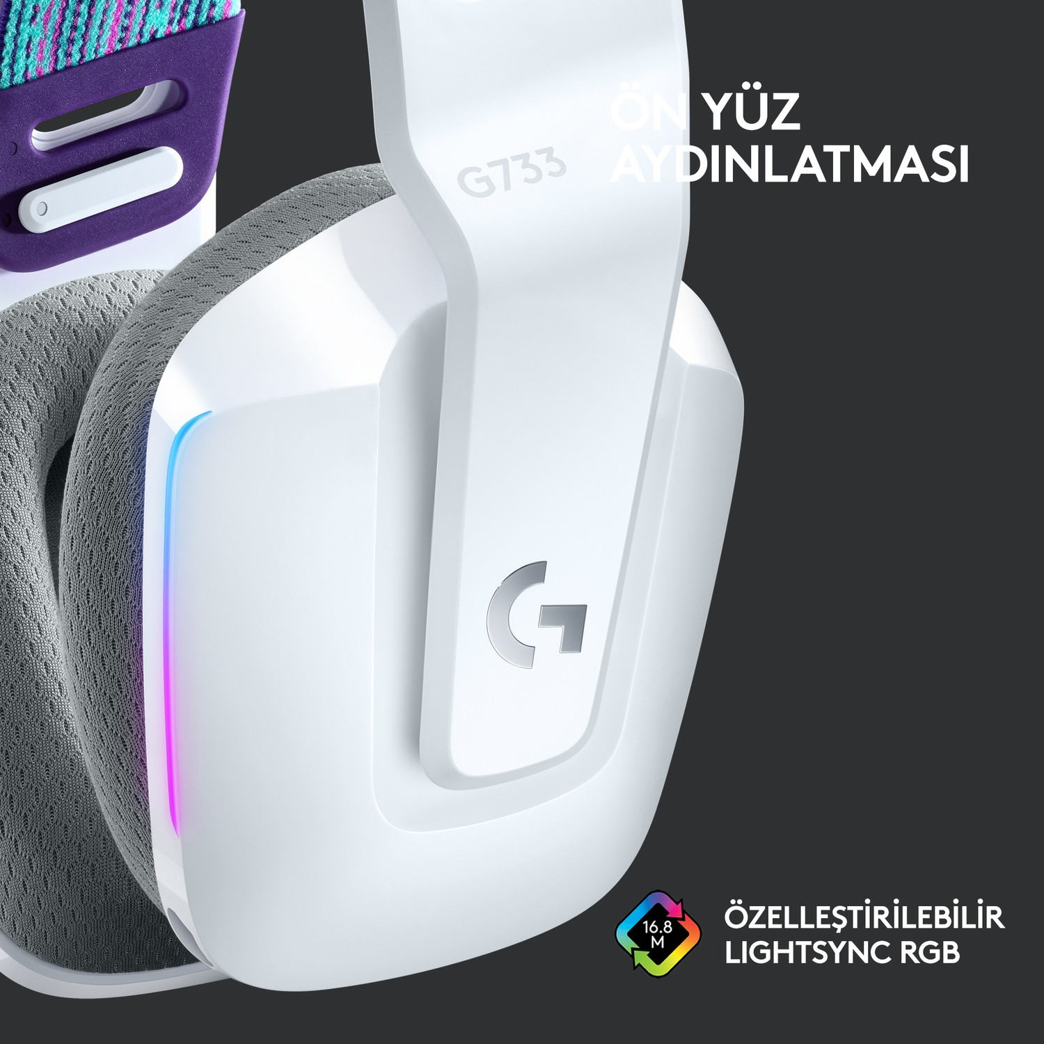 RGB aydınlatmalı beyaz oyun kulaklığının yakın çekimi. G733 modeli görünür. "ÖN YÜZ AYDINLATMASI" metni mevcut.