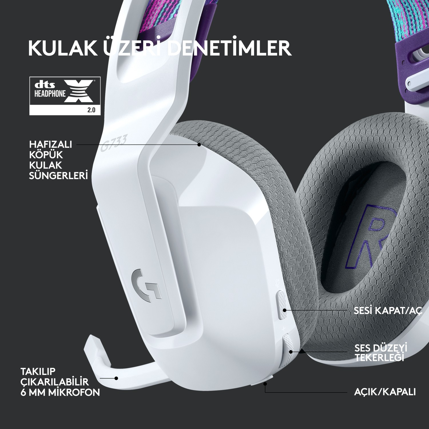 Mor detaylı beyaz oyuncu kulaklığı, yakın çekim kontrol ve detaylar, metin katmanı.