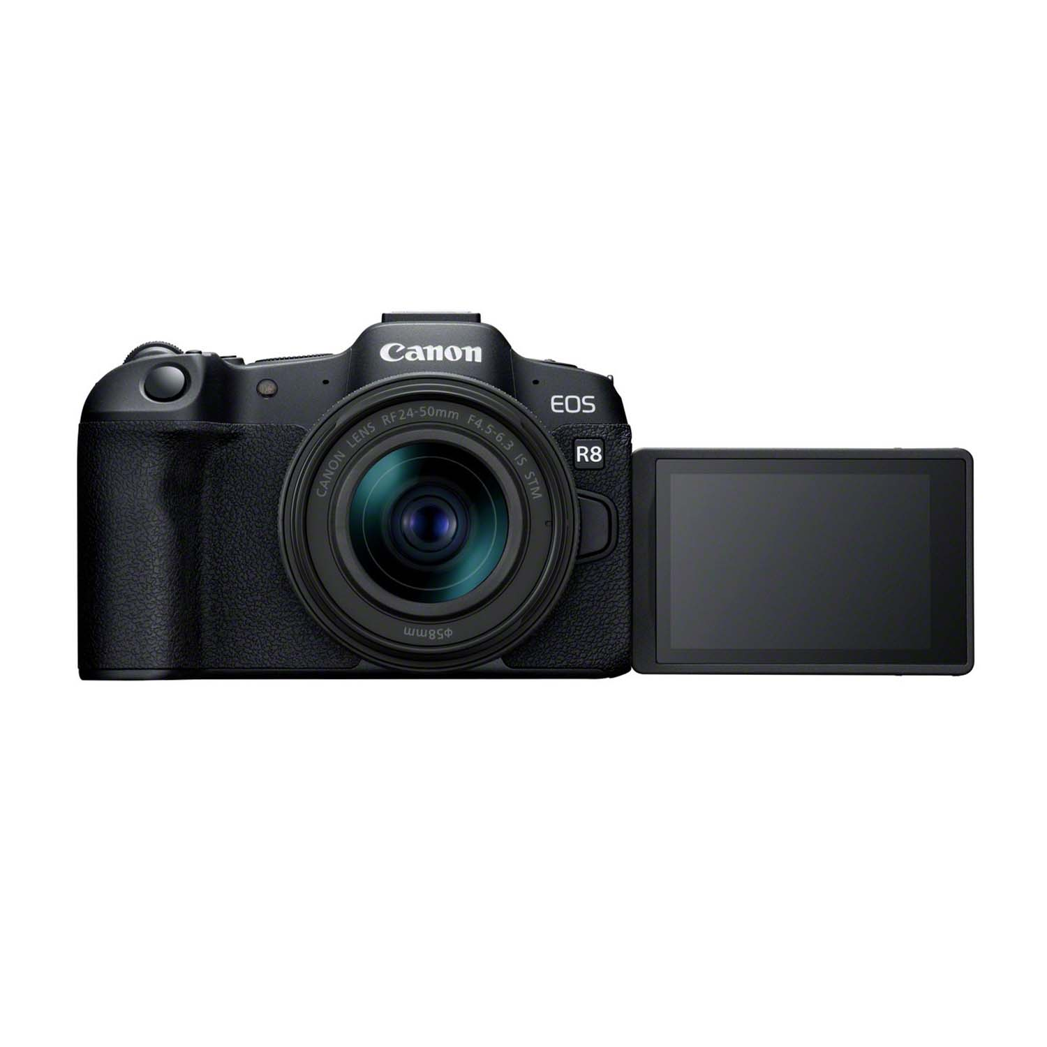 Fotocamera Canon EOS R8 nera con obiettivo e schermo. Lo schermo è aperto di lato.