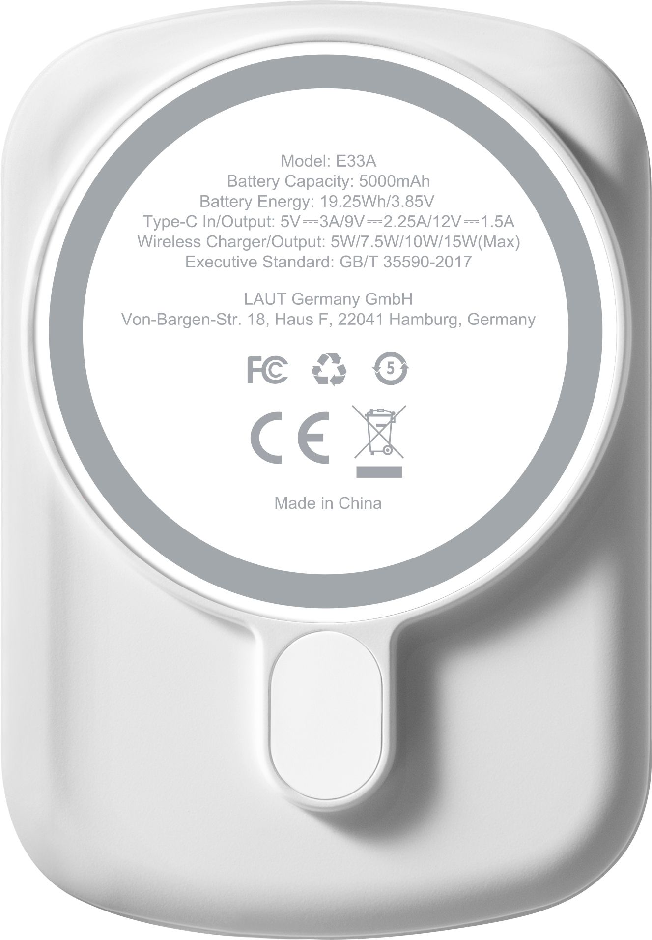 Un chargeur sans fil blanc avec des informations sur le produit imprimées sur sa surface.