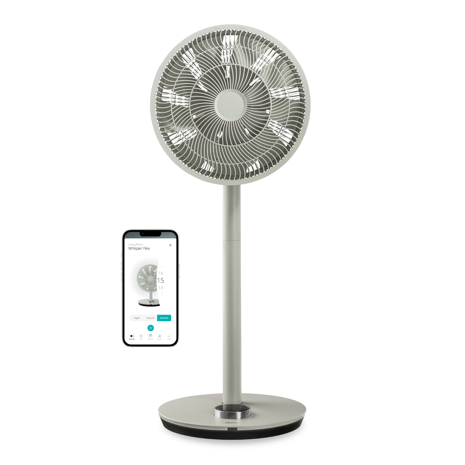 Een witte staande ventilator met een digitaal display van een vergelijkbare ventilator. Witte achtergrond.