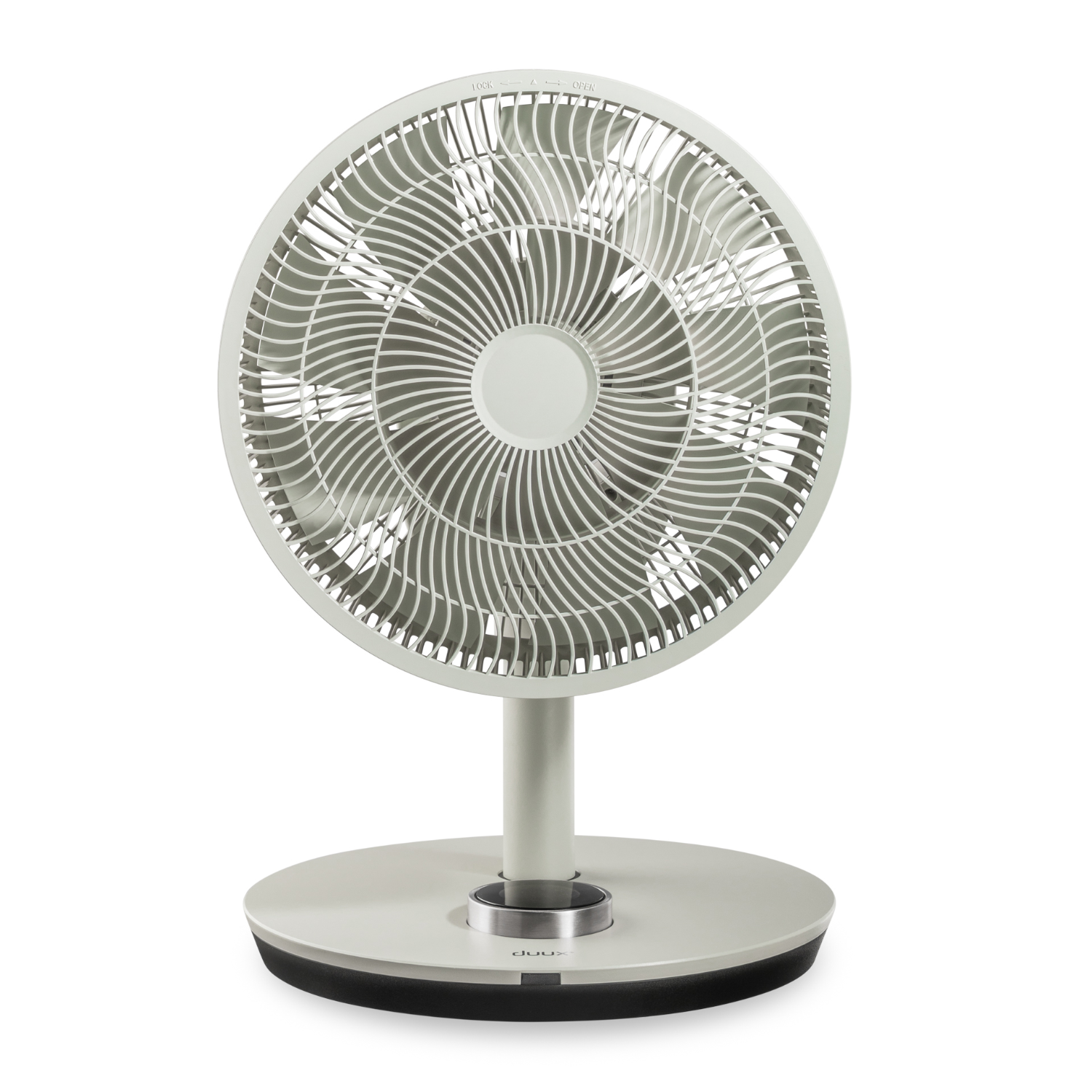 Een witte en grijze elektrische ventilator. De ventilator heeft een ronde basis en een ronde kop.