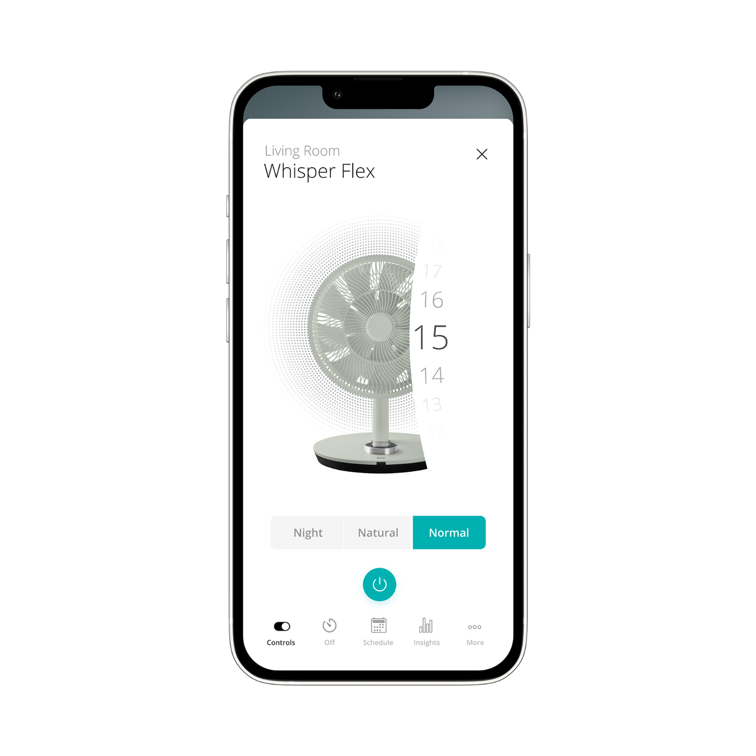 Een smartphone toont een ventilatorbesturingsinterface. De ventilator wordt getoond, met modi.