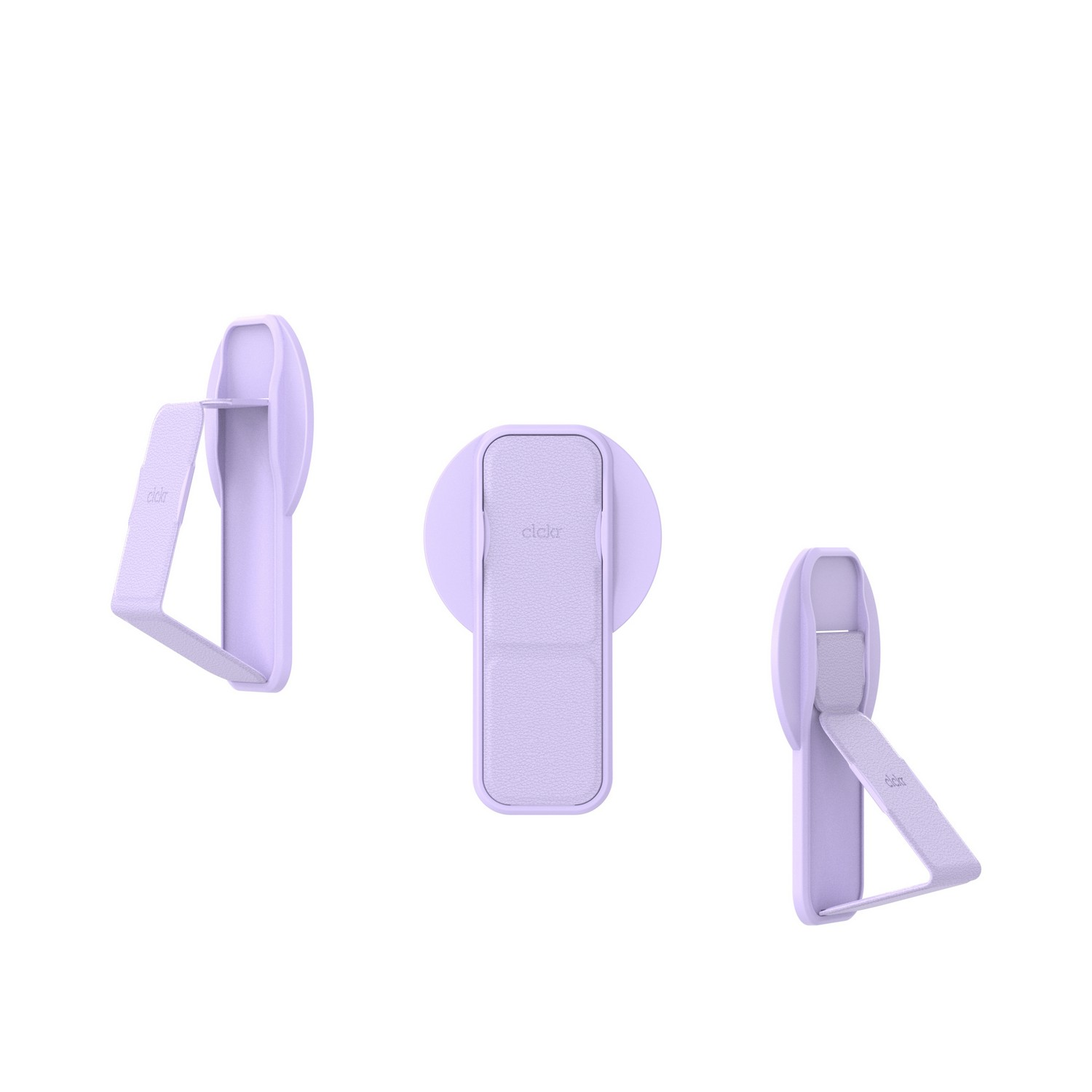 Trois supports de téléphone muraux violets clairs dans différentes vues. Ils ont une sangle.