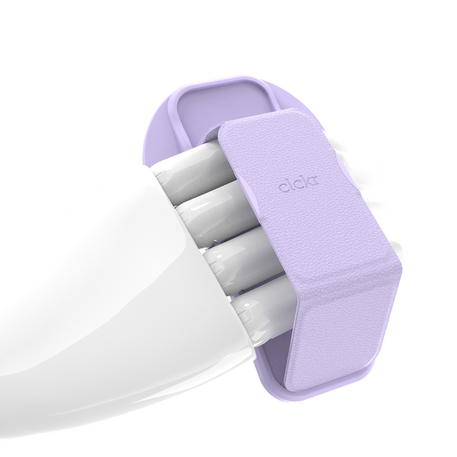 Gros plan d'un objet blanc contenant quatre cartouches blanches fixées par un support lavande.