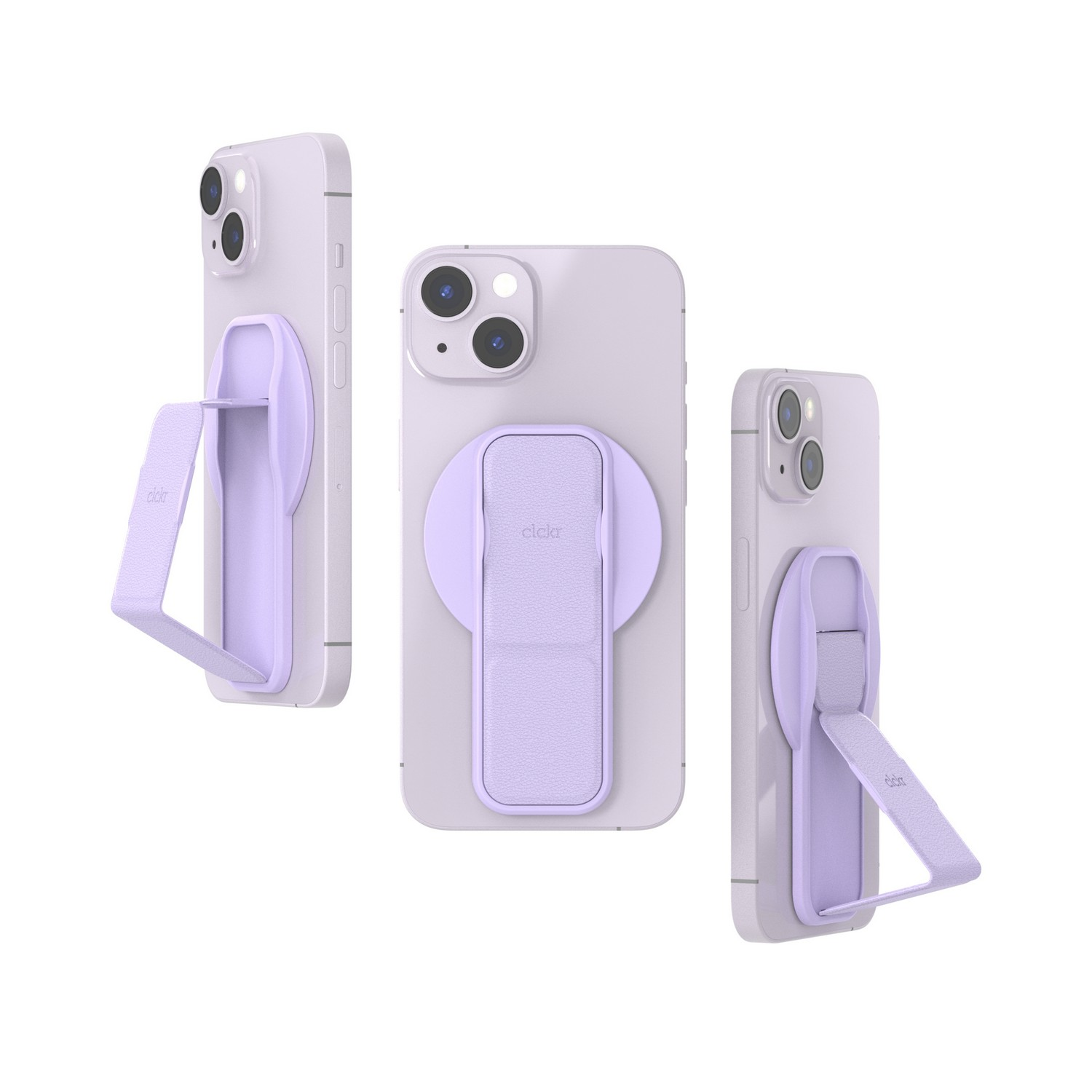 Trois étuis de téléphone lilas clairs avec supports.
