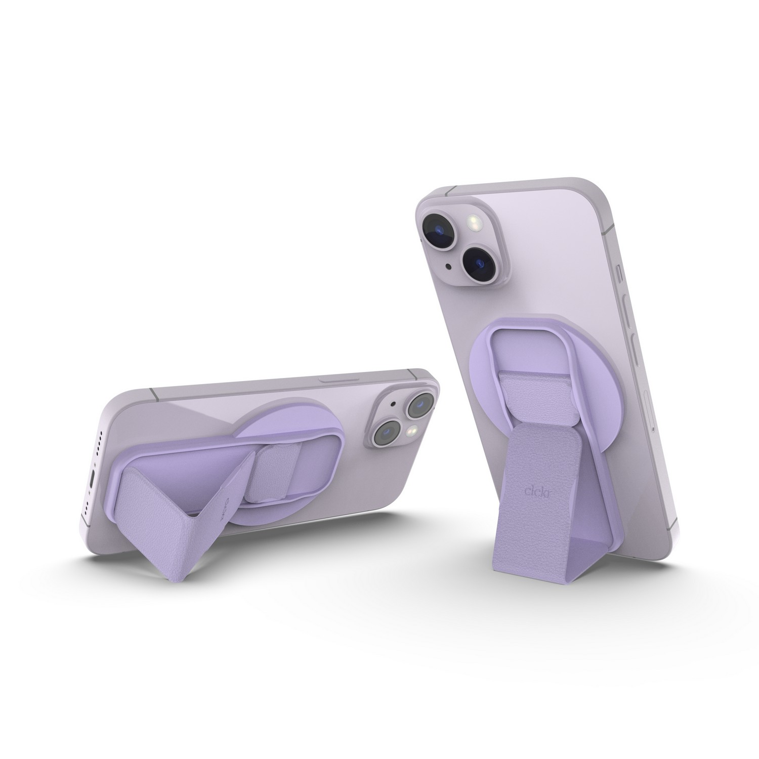 Deux étuis iPhone violets avec des supports attachés. Un téléphone est couché, l'autre est debout.