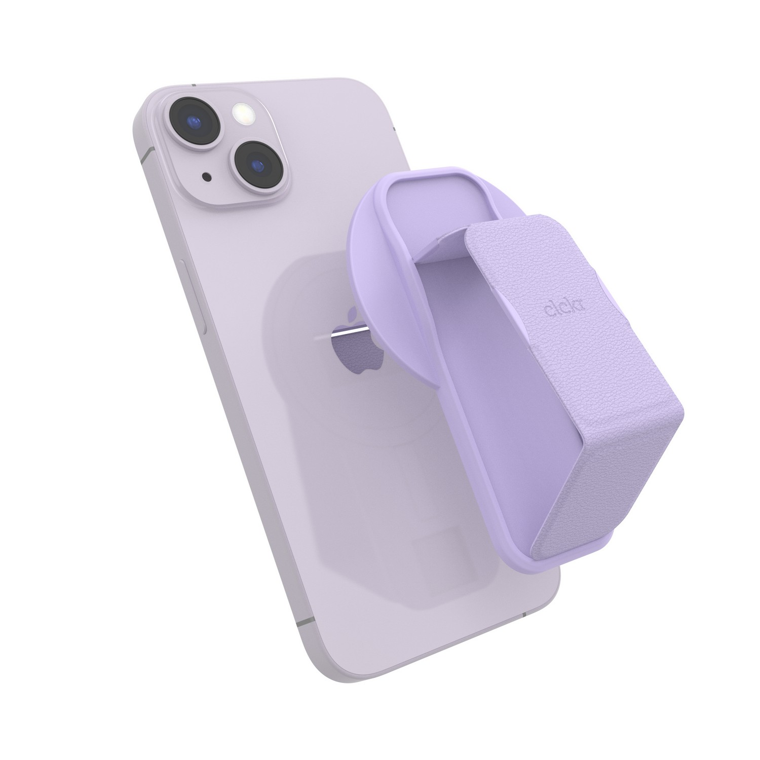 Un iPhone violet clair avec une poignée de téléphone violet assortie fixée à l'arrière.