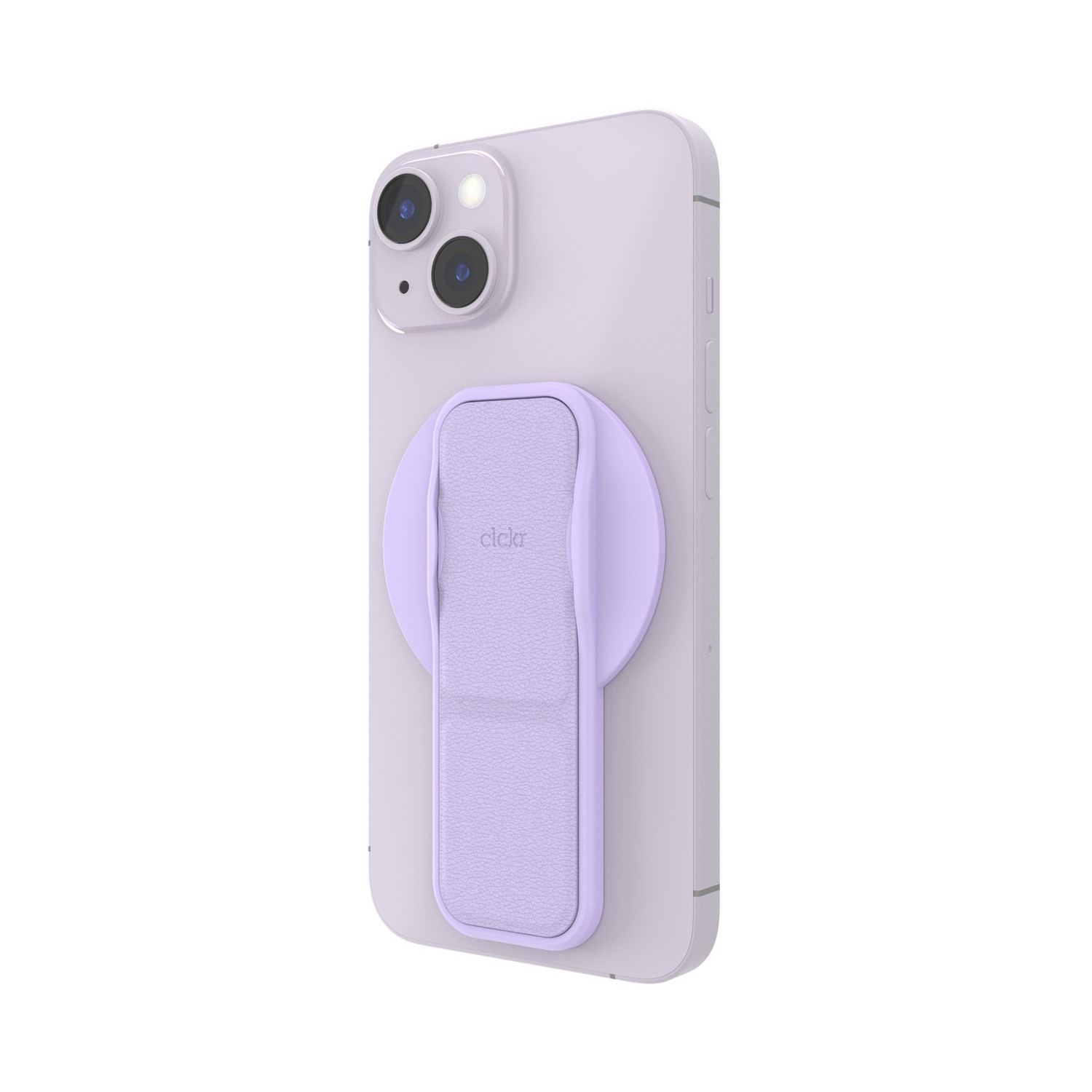 Un iPhone violet avec une poignée de téléphone violette attachée. La poignée est un cercle allongé.