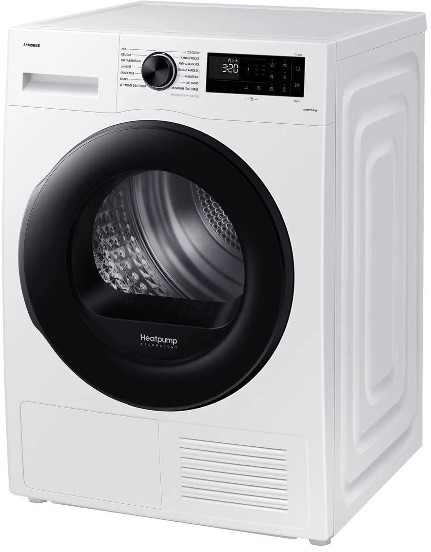 Un sèche-linge Samsung blanc avec porte et panneau de commande noirs. La technologie Heatpump est visible.