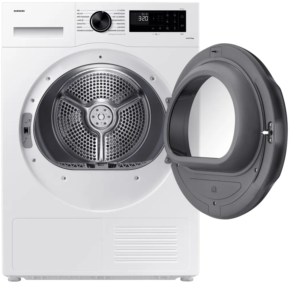 Sèche-linge Samsung blanc, porte ouverte. Détails du tambour visibles.