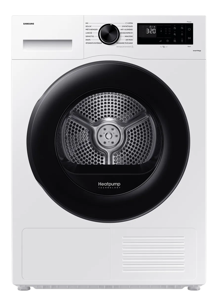 Sèche-linge Samsung blanc avec porte noire et panneau de contrôle.