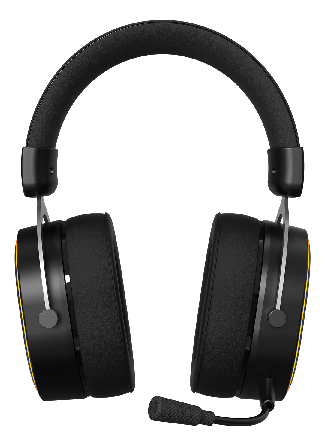 Egy fekete-sárga gamer headset mikrofonnal. Fekete háttéren van.