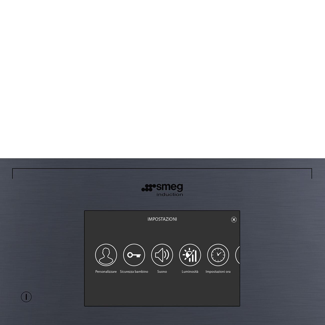 Ein schwarzes Smeg Induktionskochfeld mit Touch-Bedienelementen. Ein Einstellungsmenü ist sichtbar.
