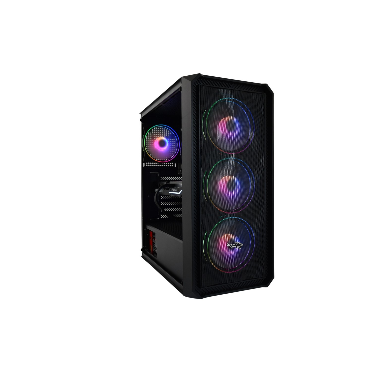 Een zwarte computerkast met RGB-ventilatoren, zijglas en een volledig overzicht van de interne componenten.