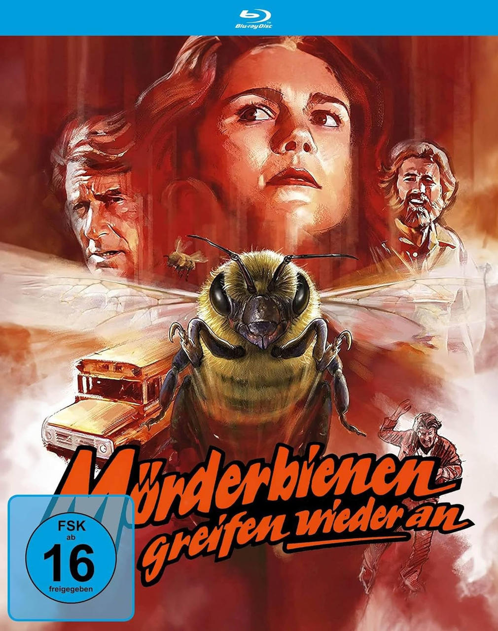 Filmposter. Zeigt eine Biene, einen Bus und mehrere Gesichter. Text: Morderbienen.