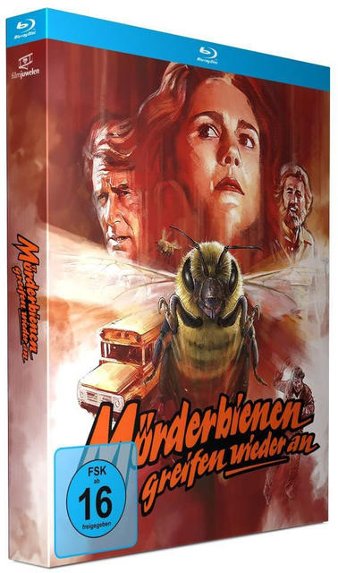 Blu-ray-Box-Art: Ein Vintage-Filmplakat mit einer großen Biene und verängstigten Menschen.