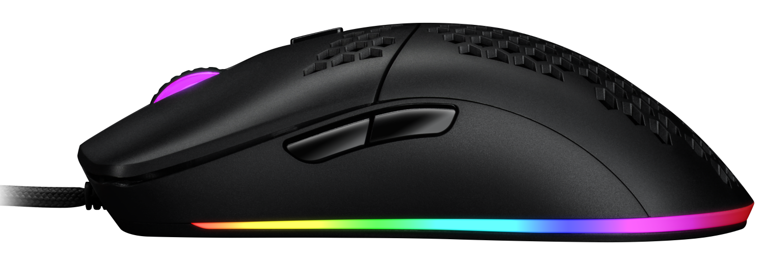 Fekete gamer egér RGB világítással. Az egér tetején méhsejtminta található.