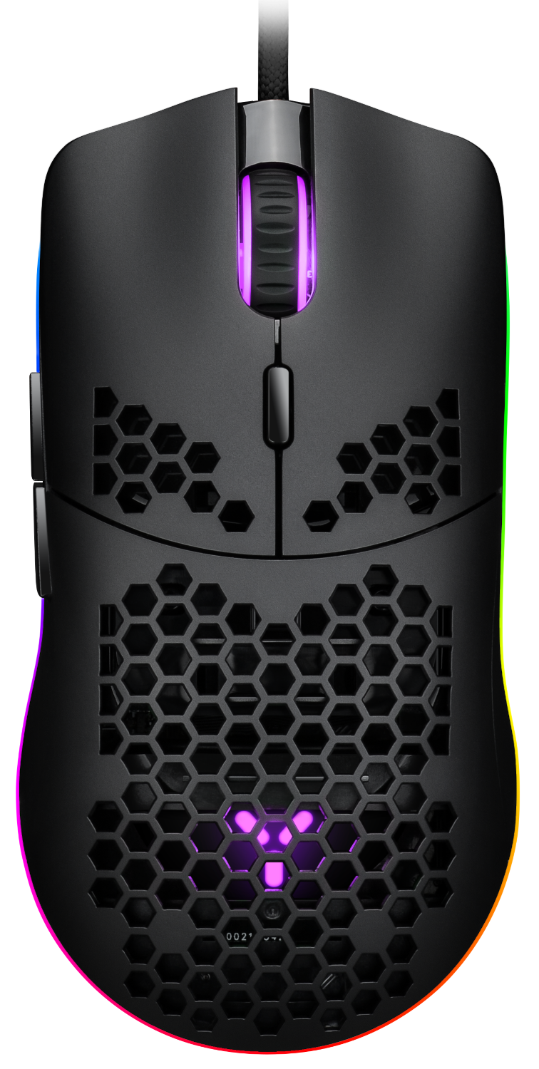 Egy fekete gamer egér méhsejtmintával és RGB világítással az oldalán és a görgetőkeréken.