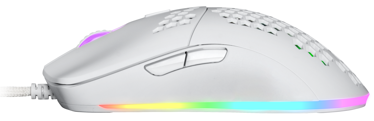 Fehér gaming egér méhsejtmintával. RGB világítás az alsó élen.