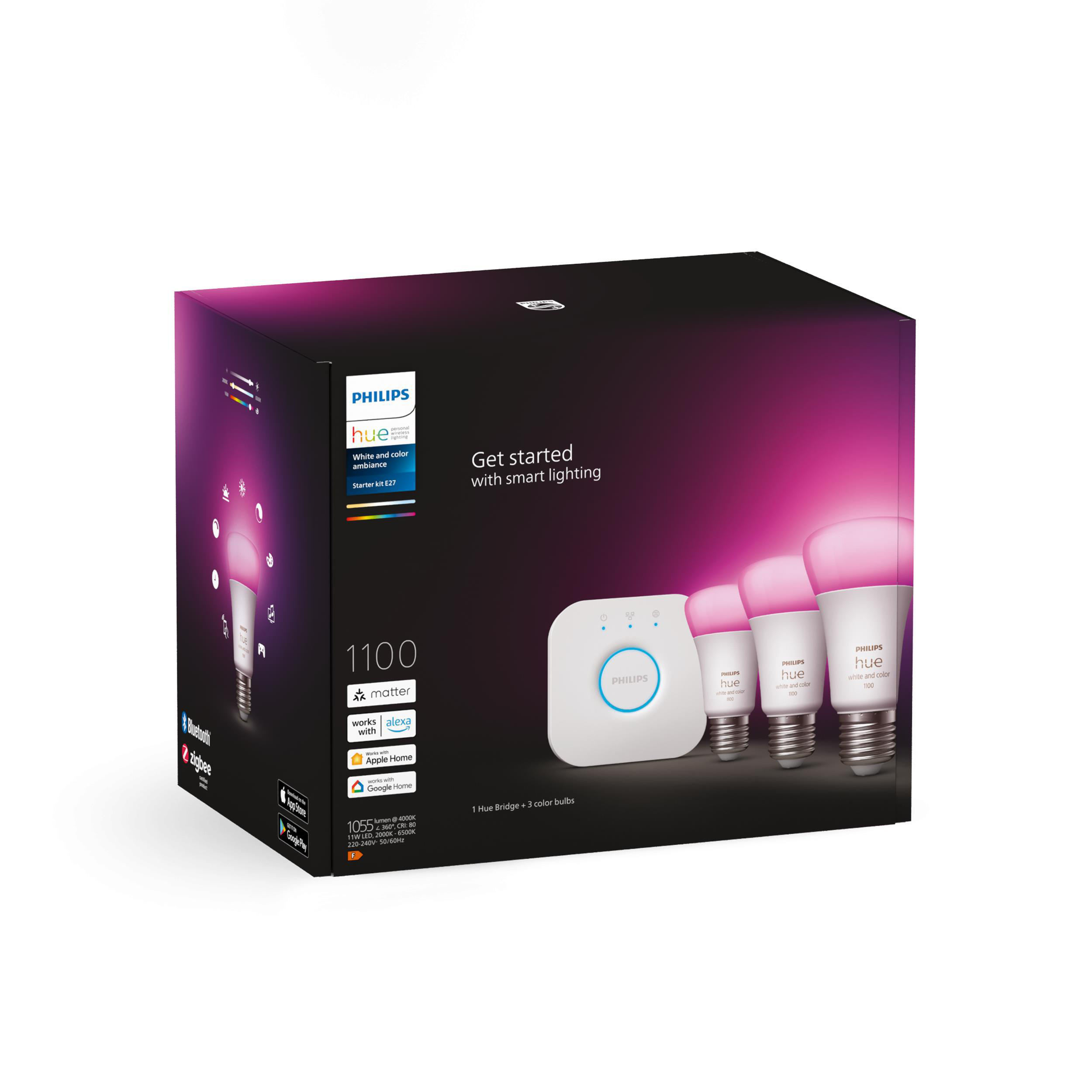 Philips Hue Smart Lighting Box, mit Glühbirnen und einer Bridge.