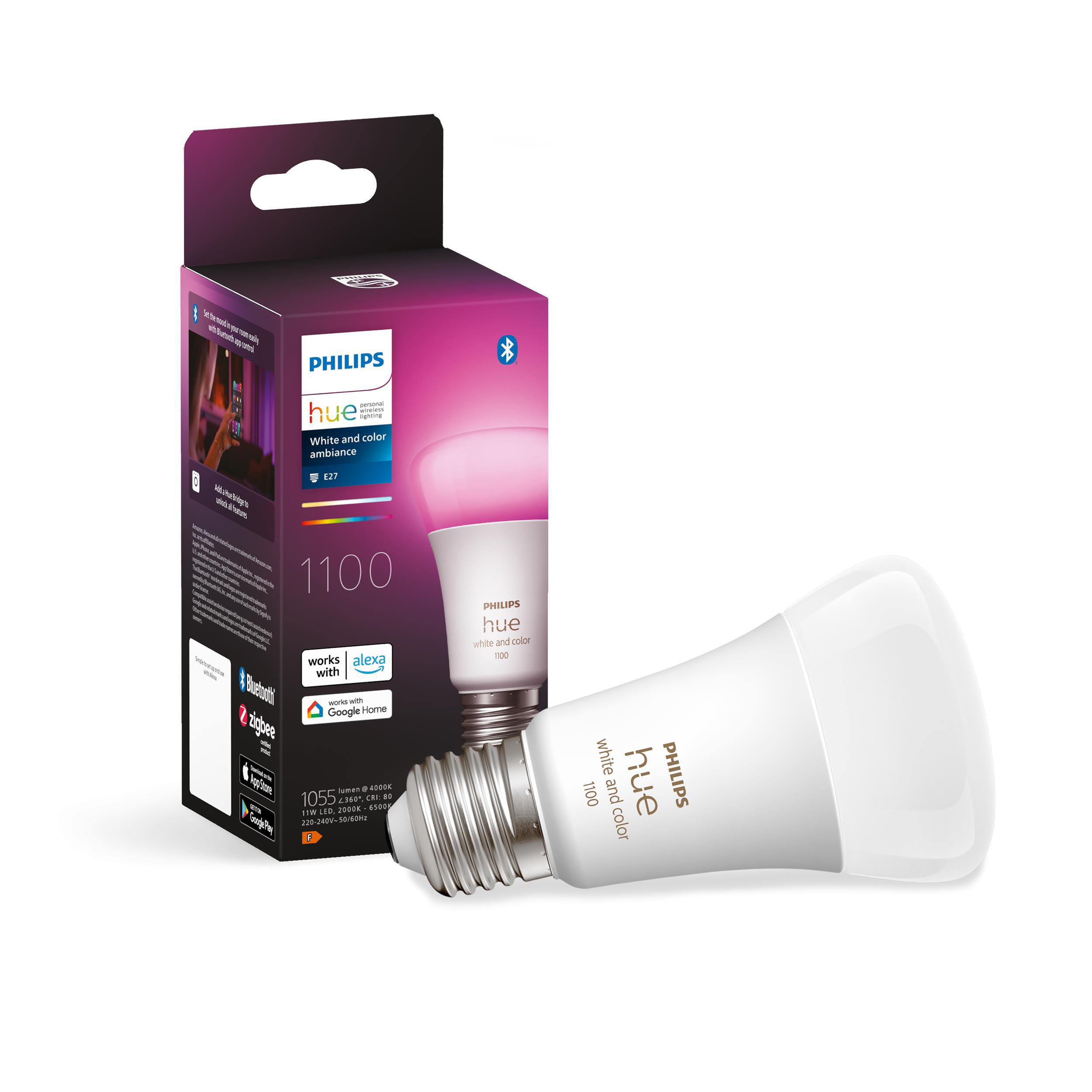 Philips Hue Smart-Glühbirne und -Box mit Beleuchtungseffekten.