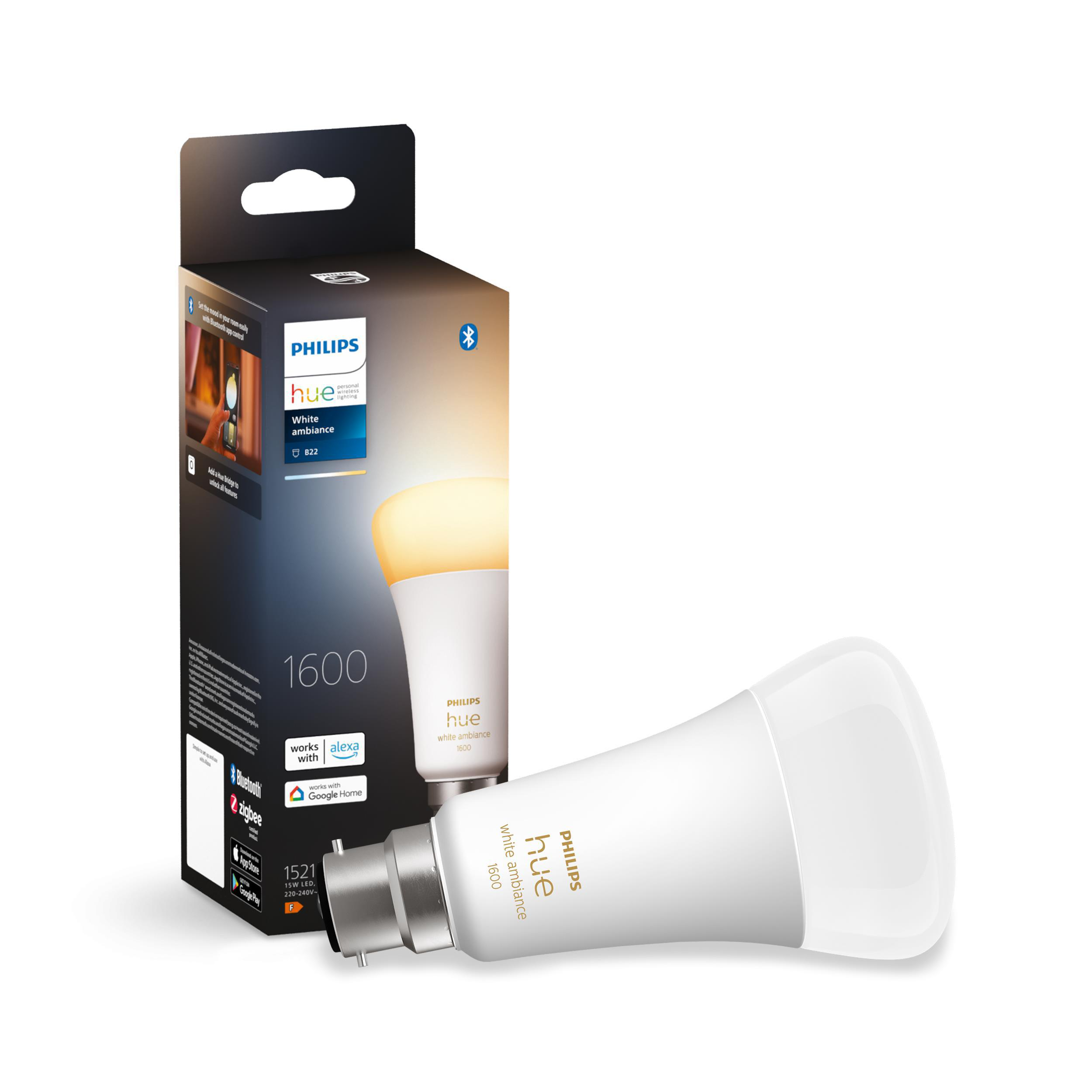 Philips Hue Smart-Glühbirne auf einer Box mit ihren Funktionen. Weiße Glühbirne rechts.