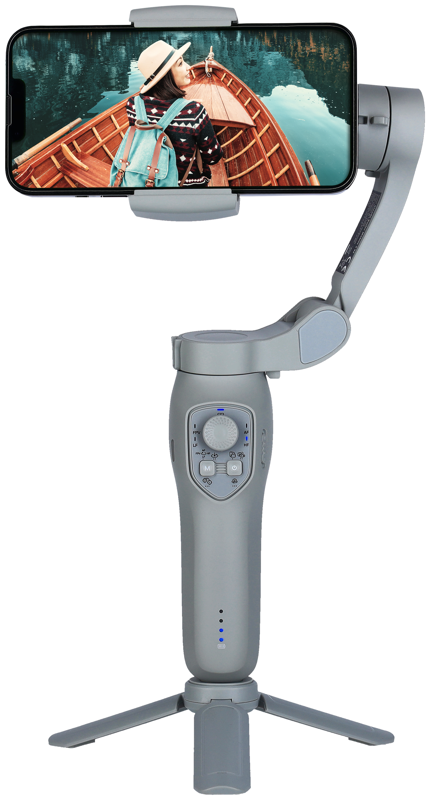 Grauer Telefonstabilisator, der ein Telefon hält, auf dem eine Person auf einem Boot zu sehen ist.