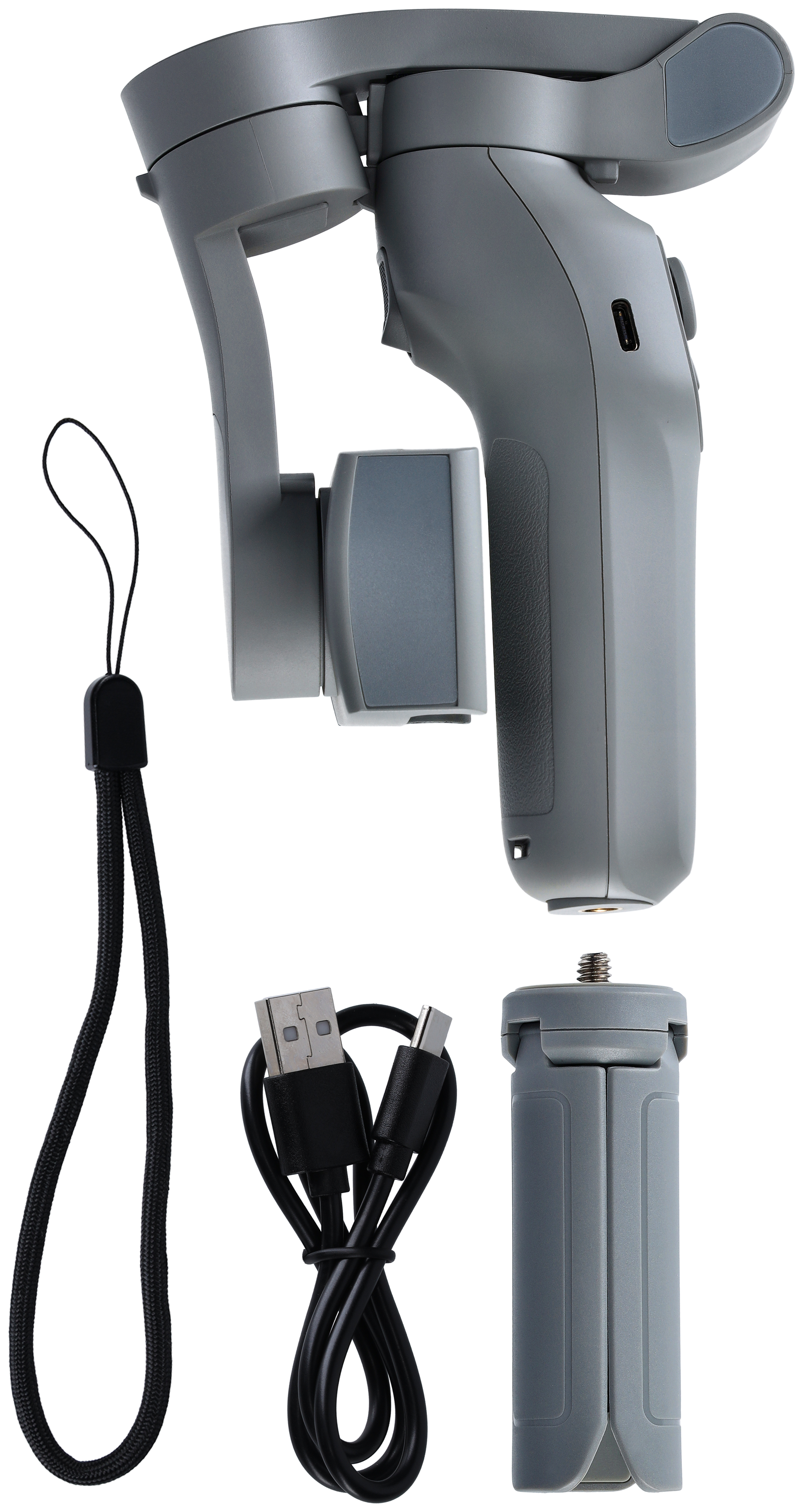 Grauer Hand-Gimbal mit Zubehör: Handschlaufe, USB-Kabel und kleines Stativ.