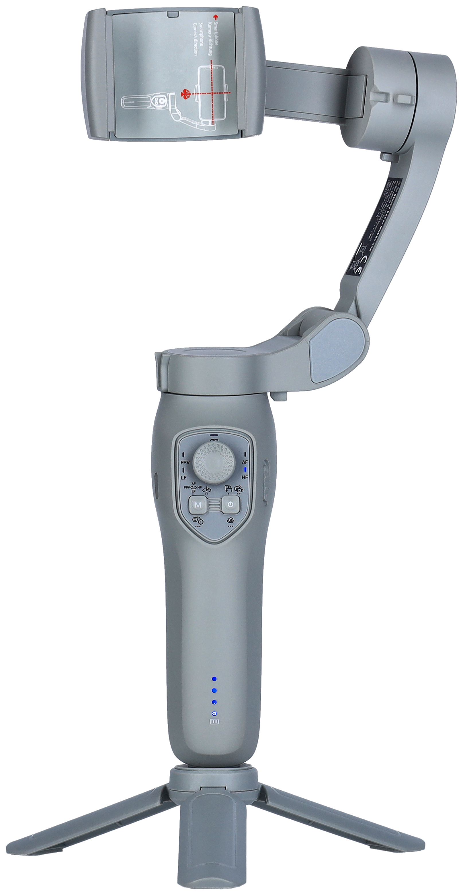 Ein grauer Hand-Gimbal-Stabilisator mit Stativbasis.