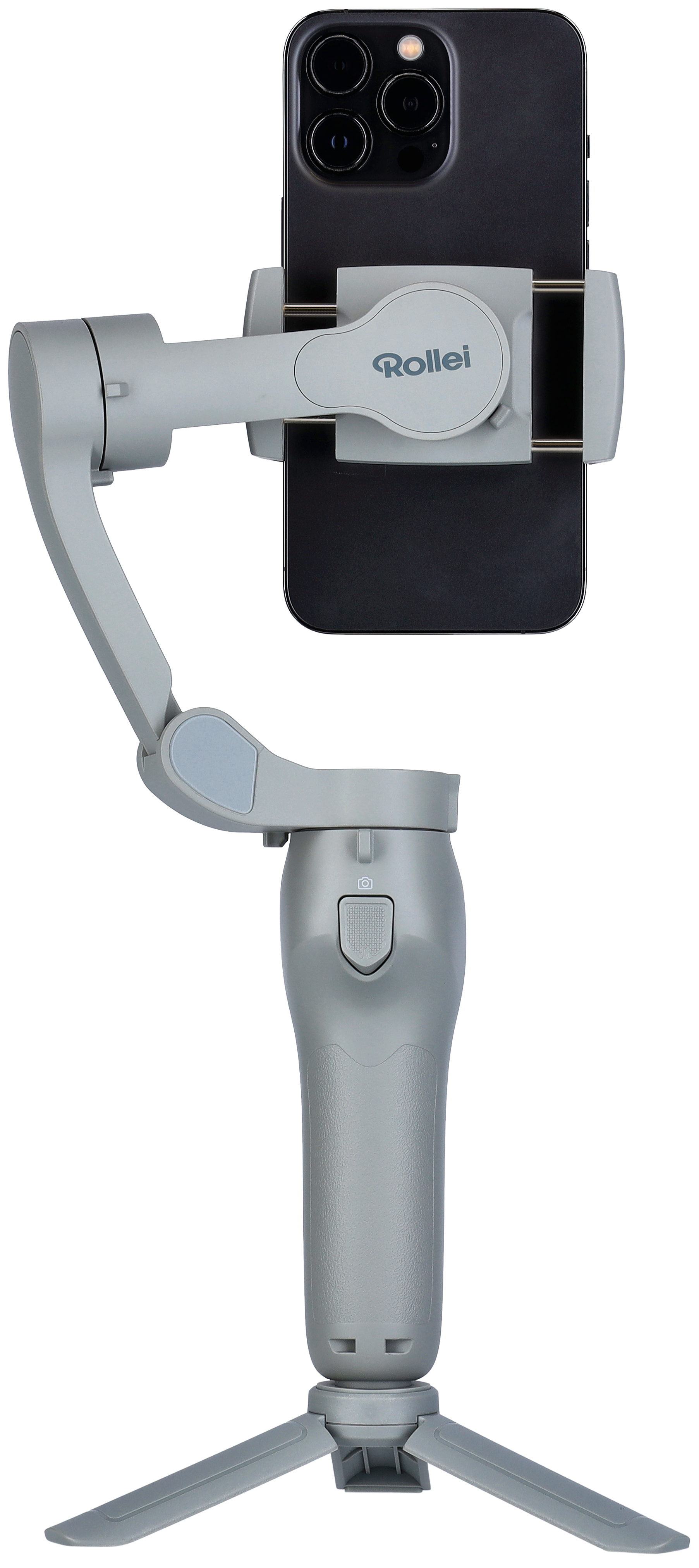 Grauer Telefonstabilisator mit einem angebrachten schwarzen Telefon. Unten ist ein Stativ.