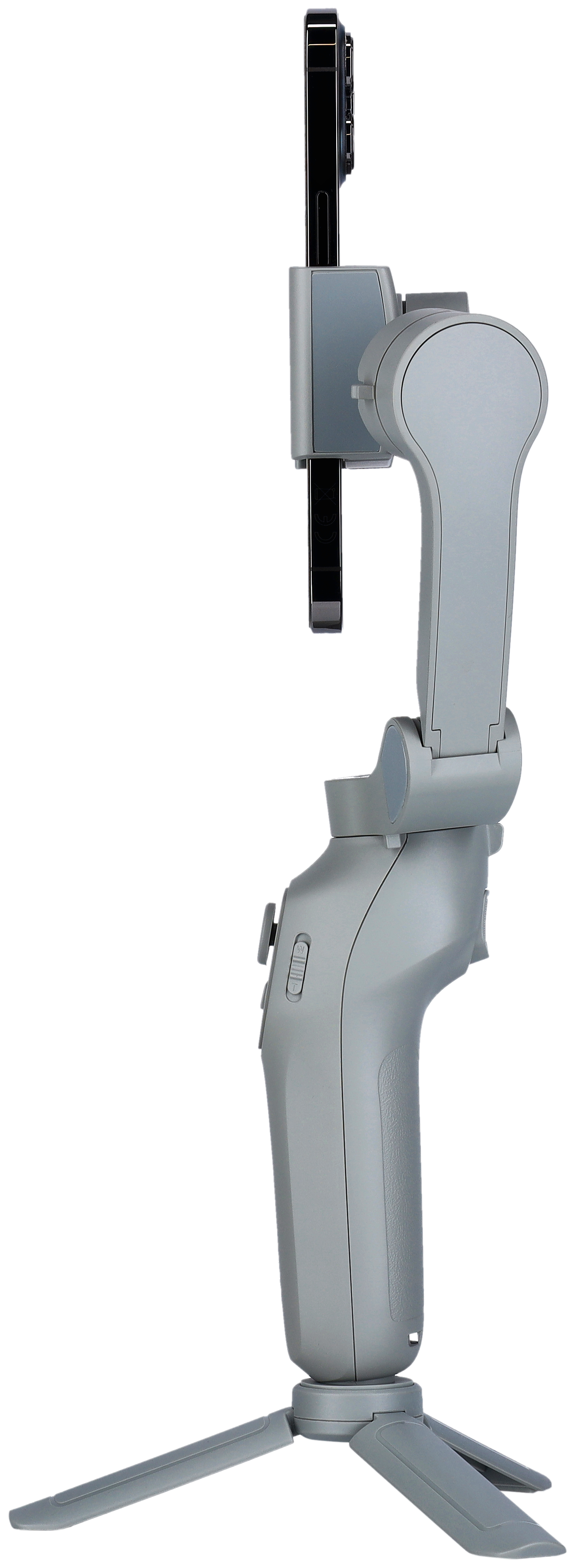 Ein grauer Telefonstabilisator mit einem befestigten Telefon. Das Telefon ist schwarz, der Ständer hat Beine.