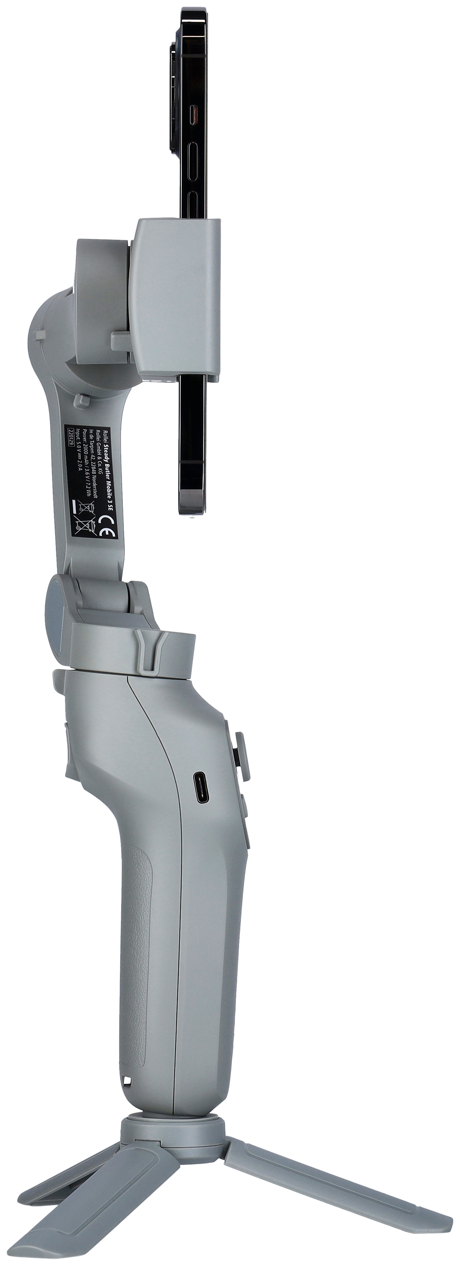 Grauer Telefon-Stabilisator mit montiertem Telefon, Stativbeine.