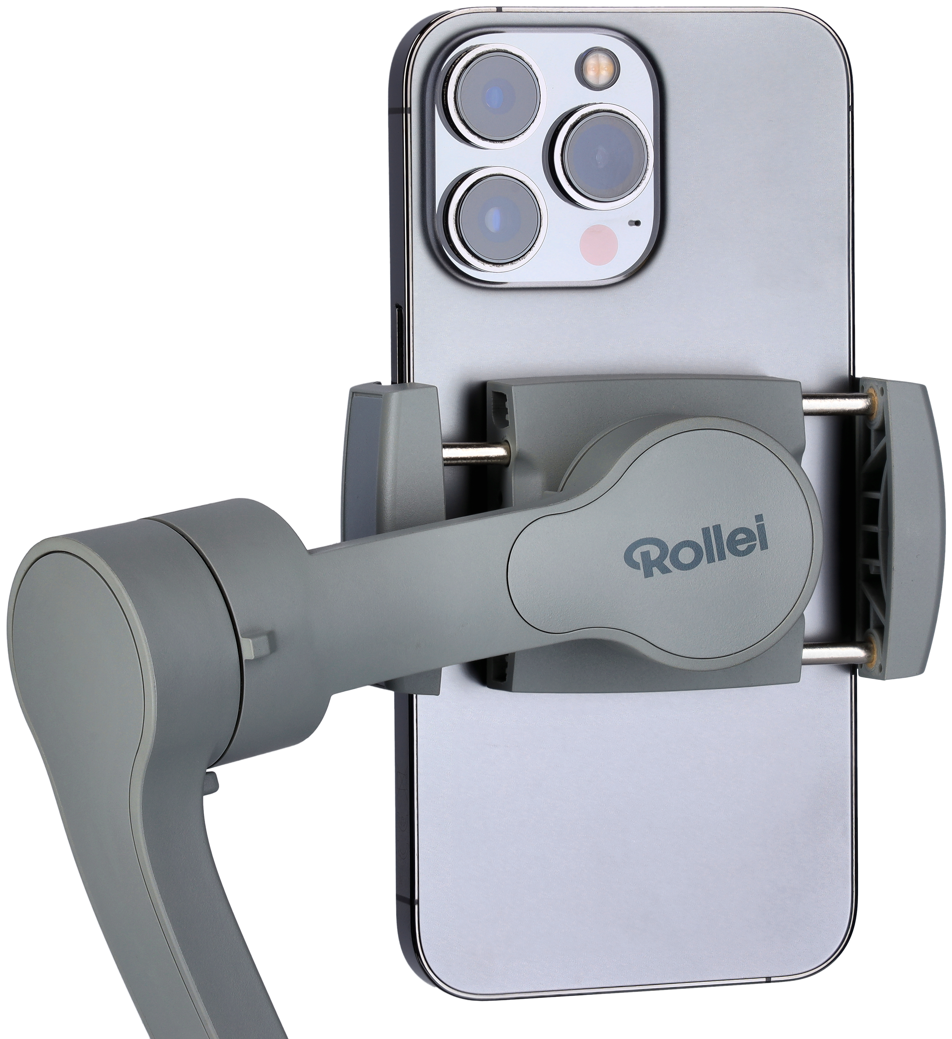Smartphone auf einem grauen Rollei Gimbal montiert, drei Kameralinsen sichtbar.