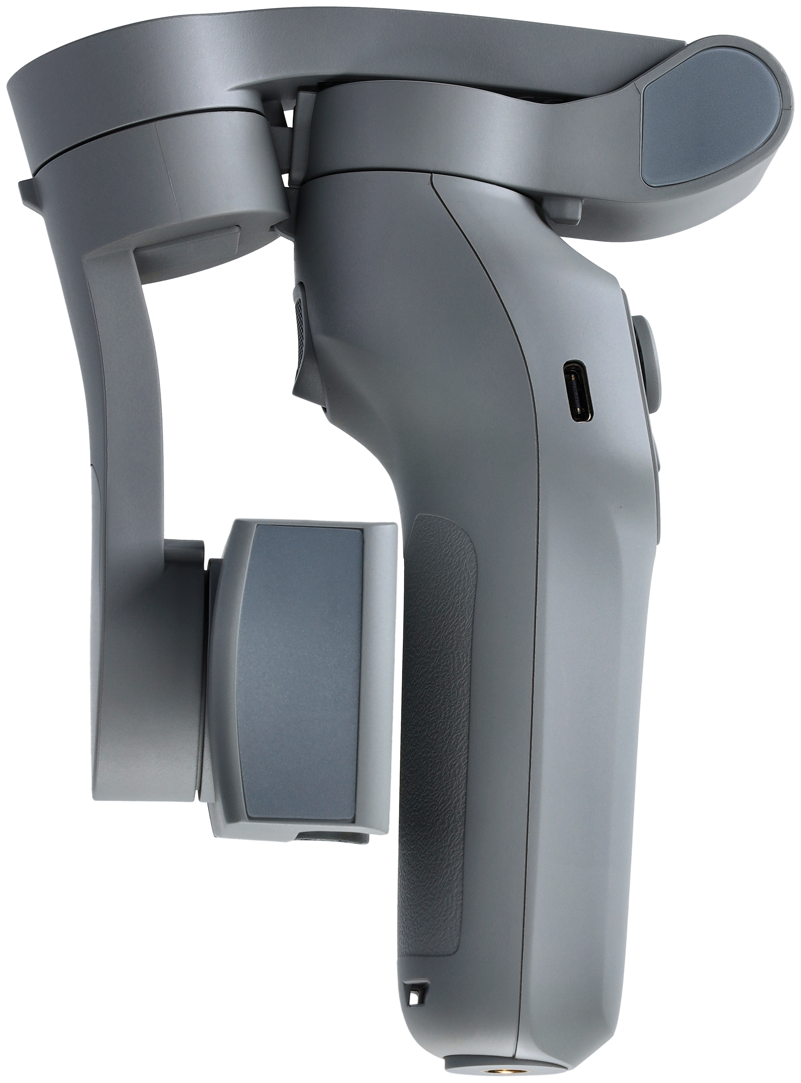 Ein graues Handheld-Gimbal mit Griff, Akku und USB-C-Anschluss, zur Stabilisierung von Videos.