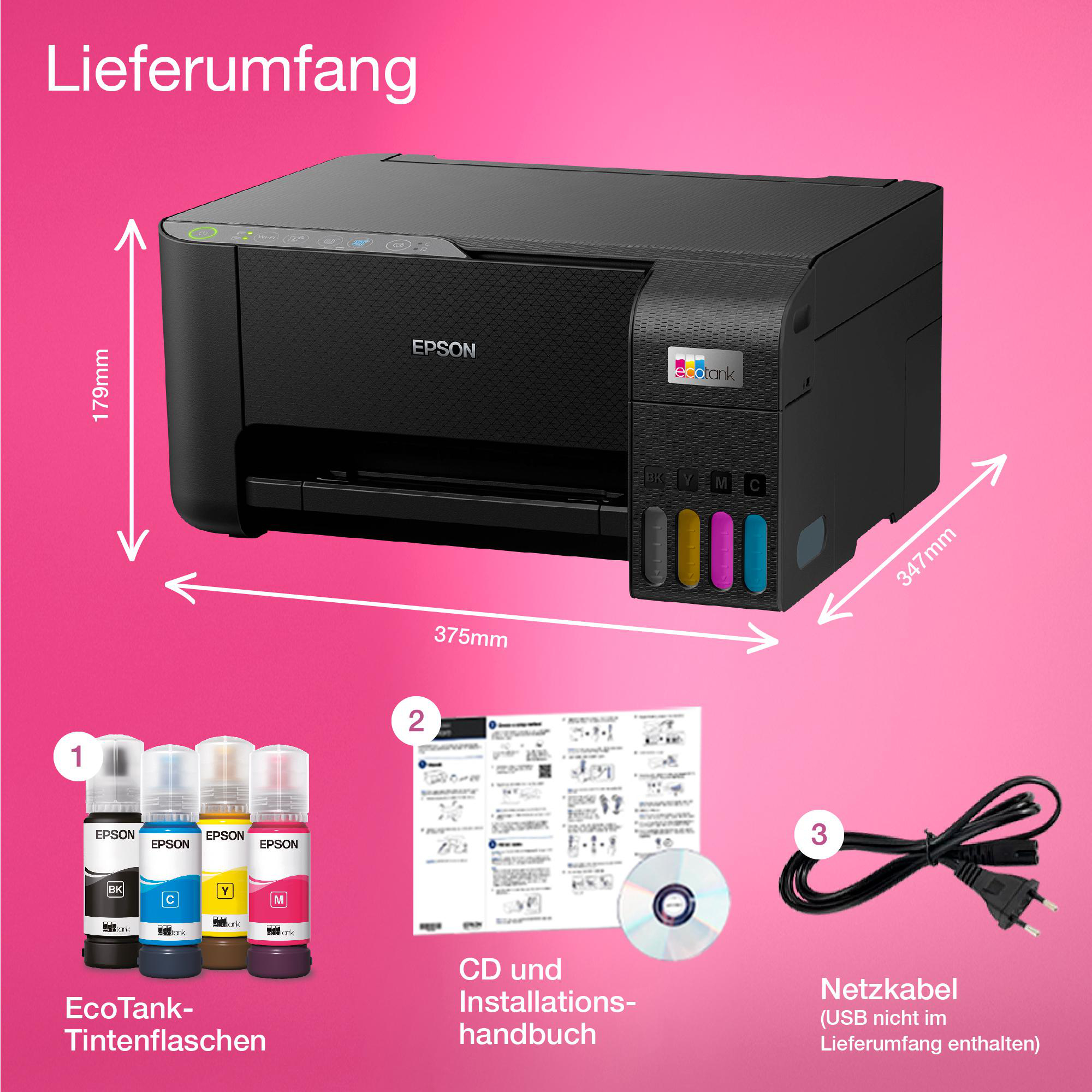 Drucker, Tintenflaschen, CD und Netzkabel mit Maßen und Text.