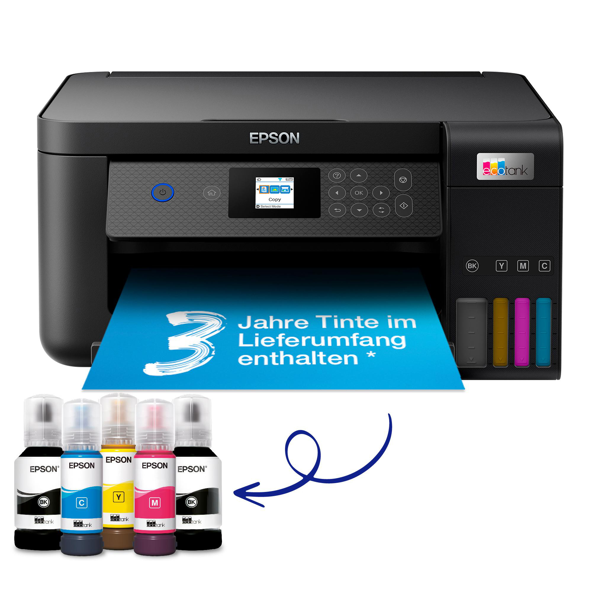 Epson-Drucker mit blauem Papier mit Text und Tintenflaschen.