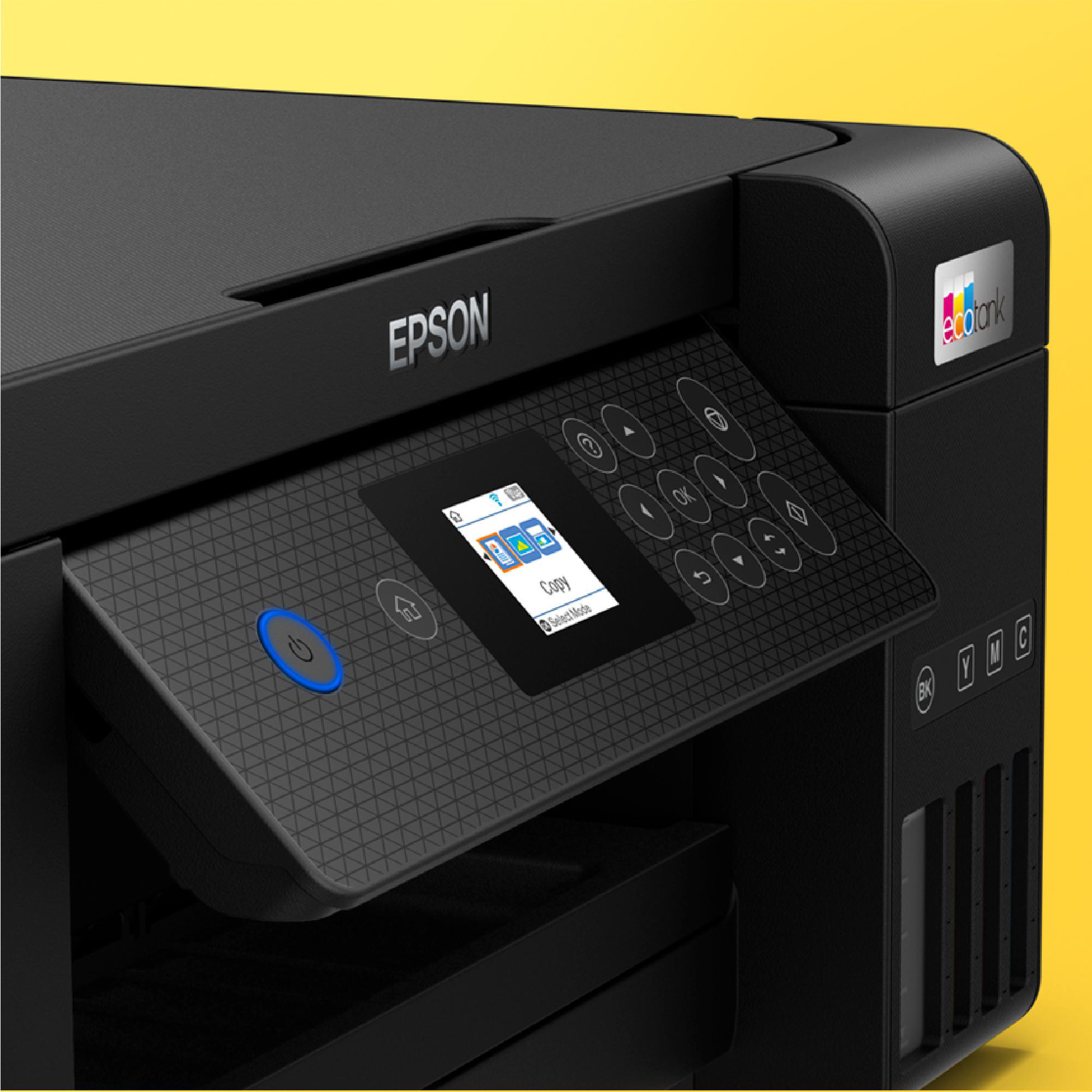 Nahaufnahme eines Epson-Druckers, Bedienfeld sichtbar. Der Drucker ist schwarz.