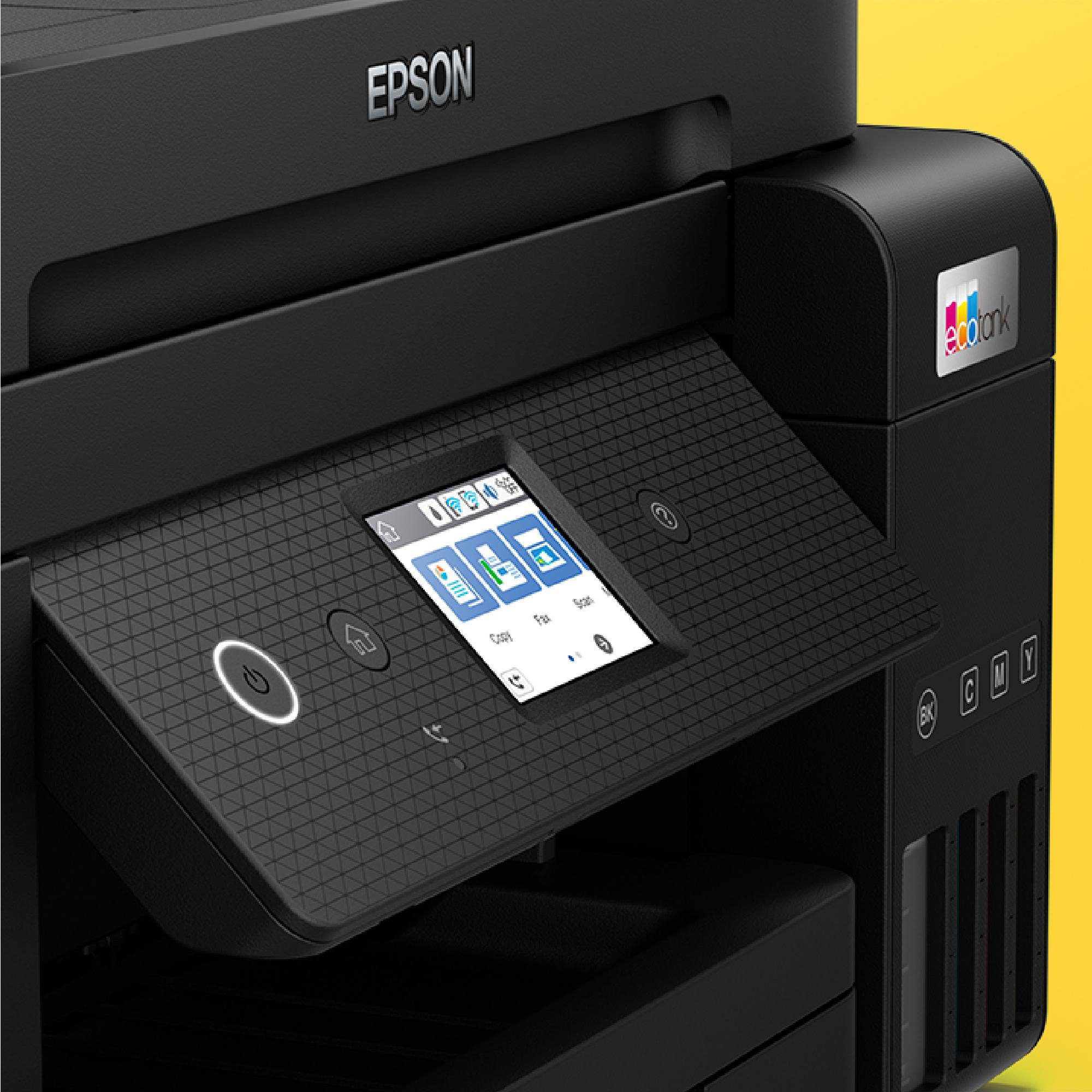 Schwarzer Epson-Drucker, Nahaufnahme des Bedienfelds. Gelber Hintergrund mit dem Ecotank-Logo.