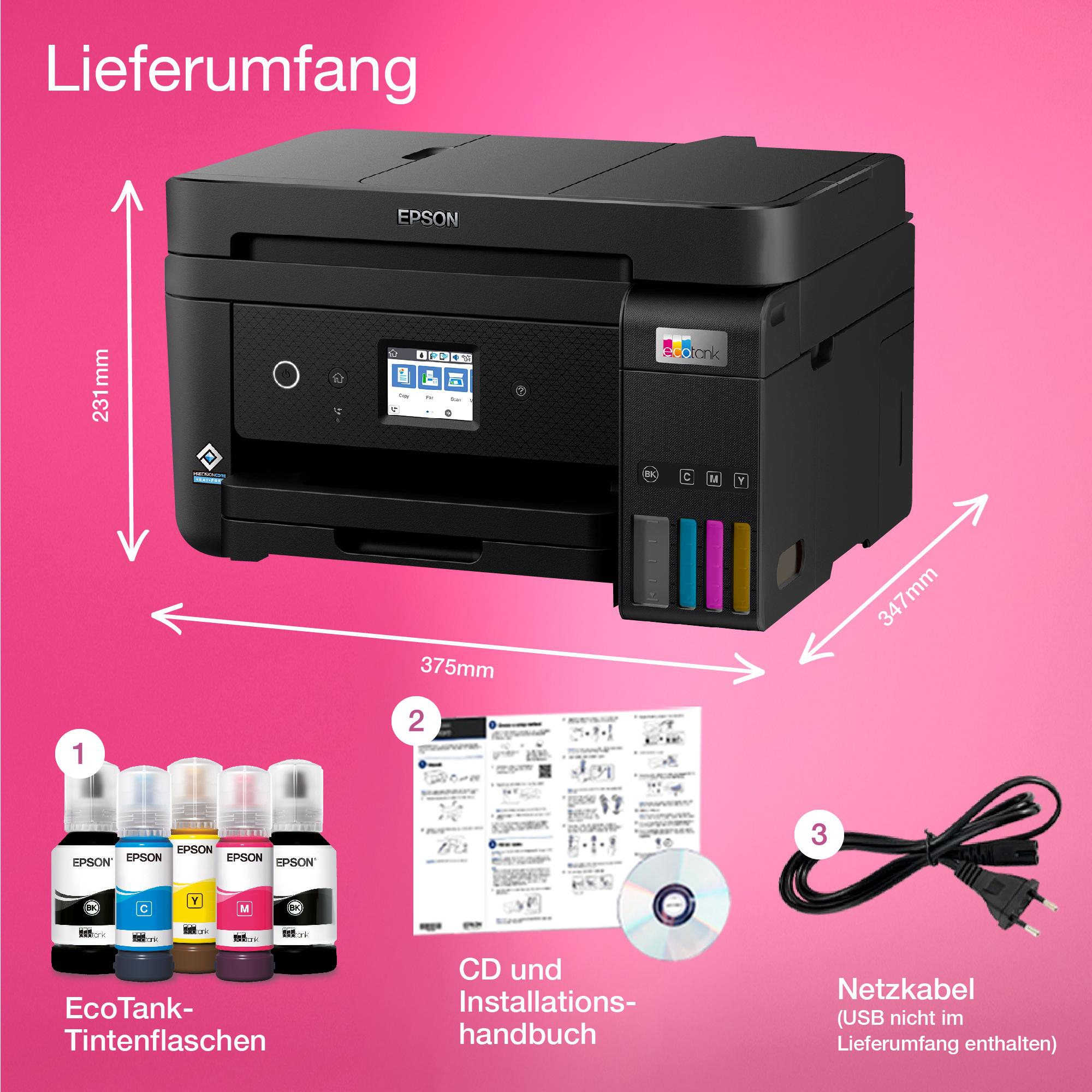 Drucker, Tintenflaschen, CD und Netzkabel. Text: Lieferumfang. EPSON EcoTank Tintenflaschen.