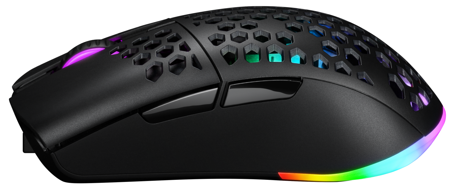 Fekete gamer egér méhsejtmintával, RGB-fényekkel megvilágítva.