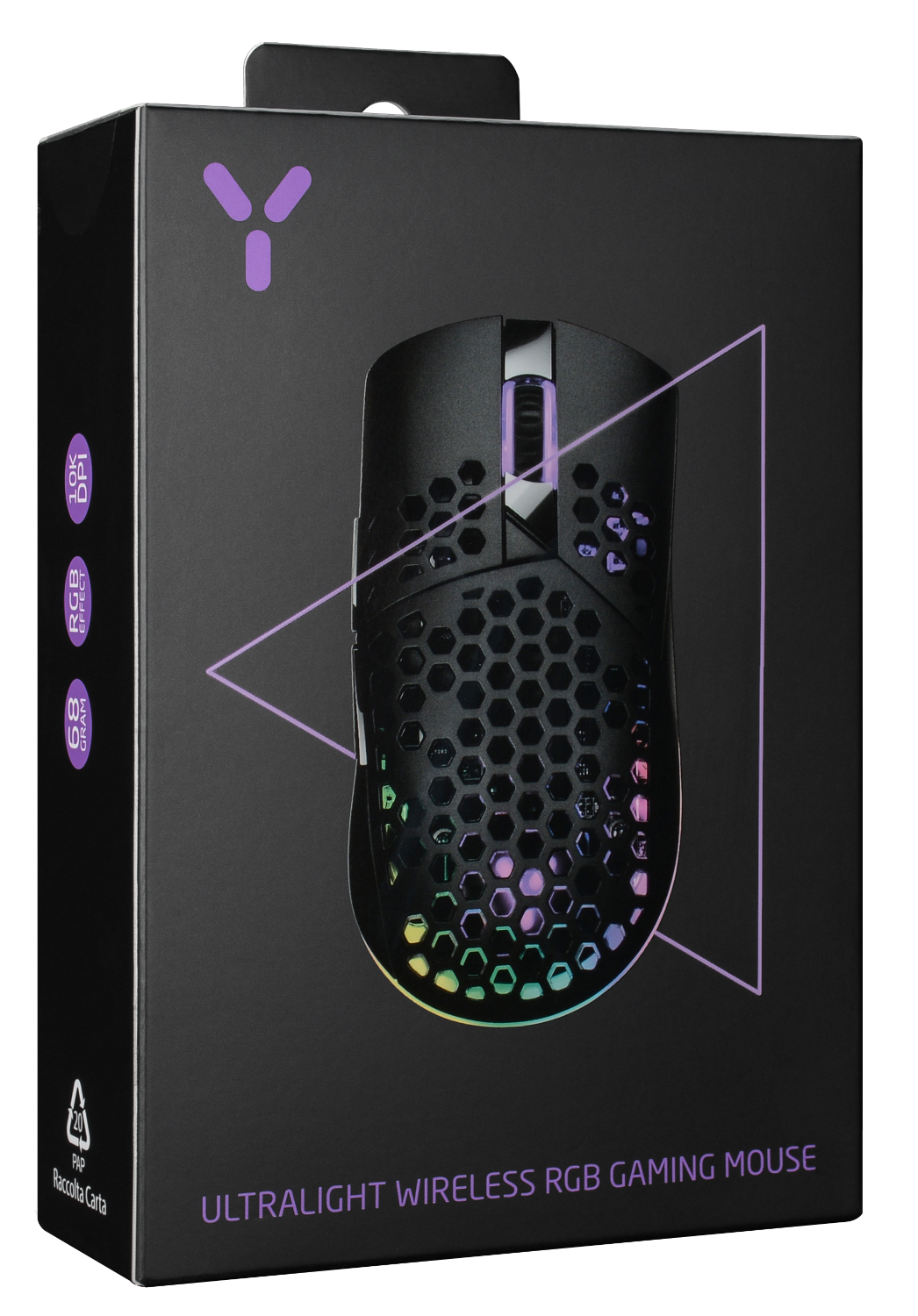 Fekete gamer egér dobozban, méhsejtmintával és RGB világítással.