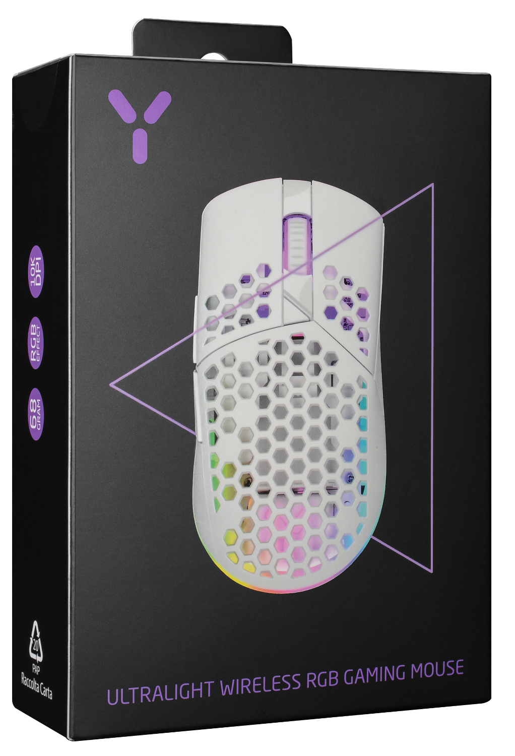 Egy fehér gamer egér egy dobozban RGB világítással és funkciókkal.