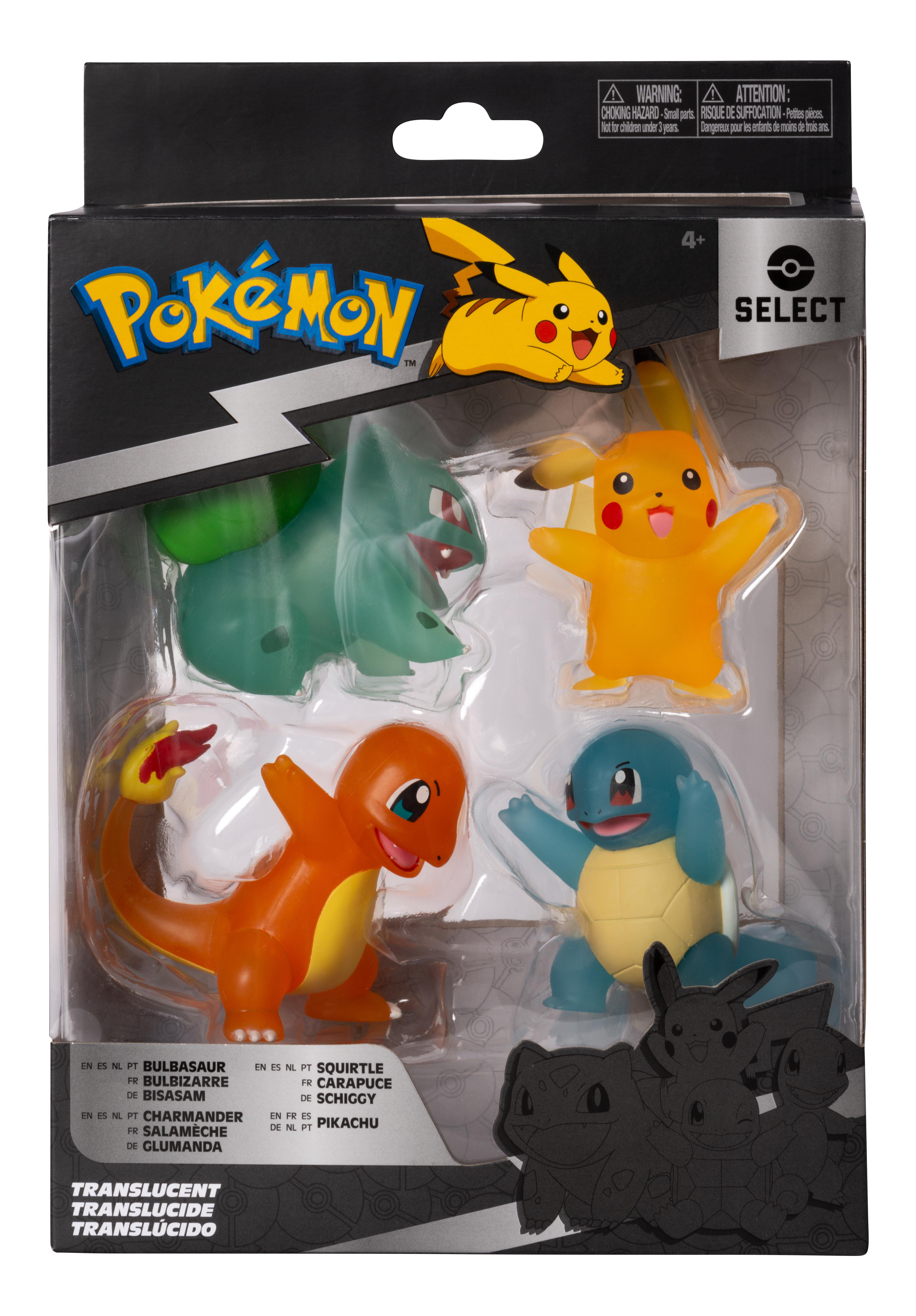 Pokemon Spielzeugset in einer Blisterverpackung. Pikachu, Bisasam, Schiggy, Glumanda Figuren.