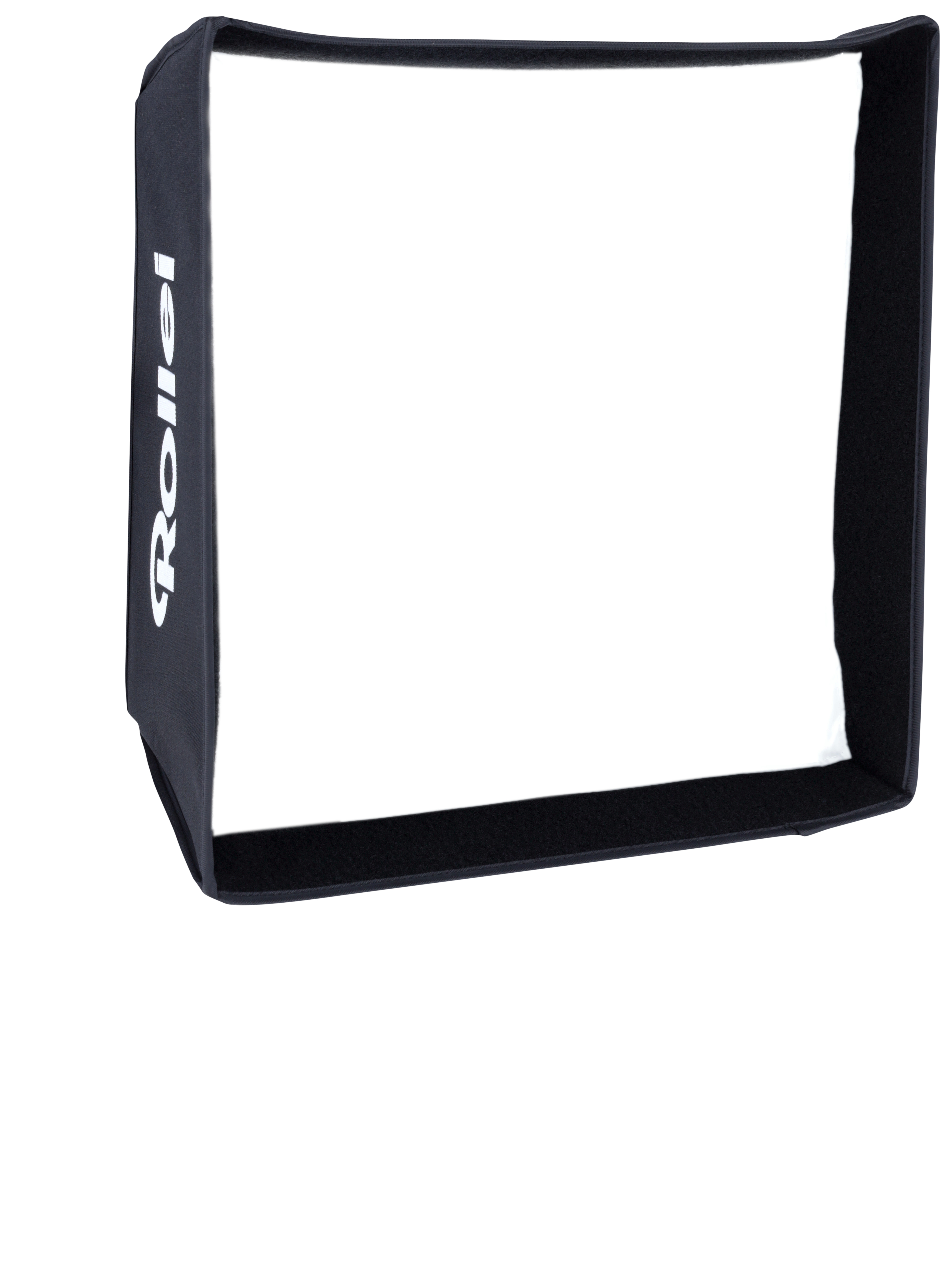Ein schwarzer rechteckiger Softbox-Diffusor mit weißem Logo auf der linken Seite.