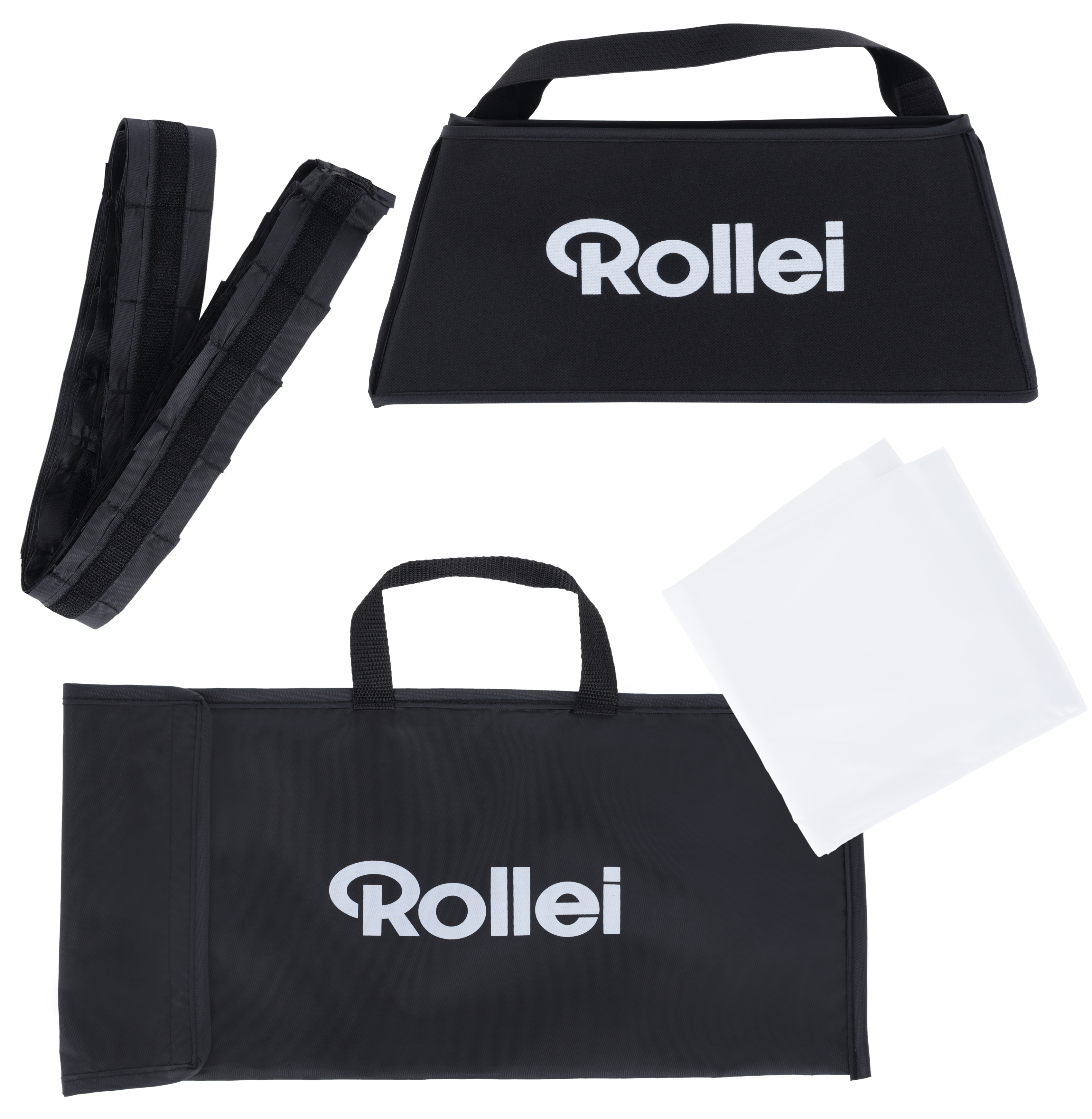 Schwarze Rollei-Taschen mit Griffen und einem weißen Tuch.