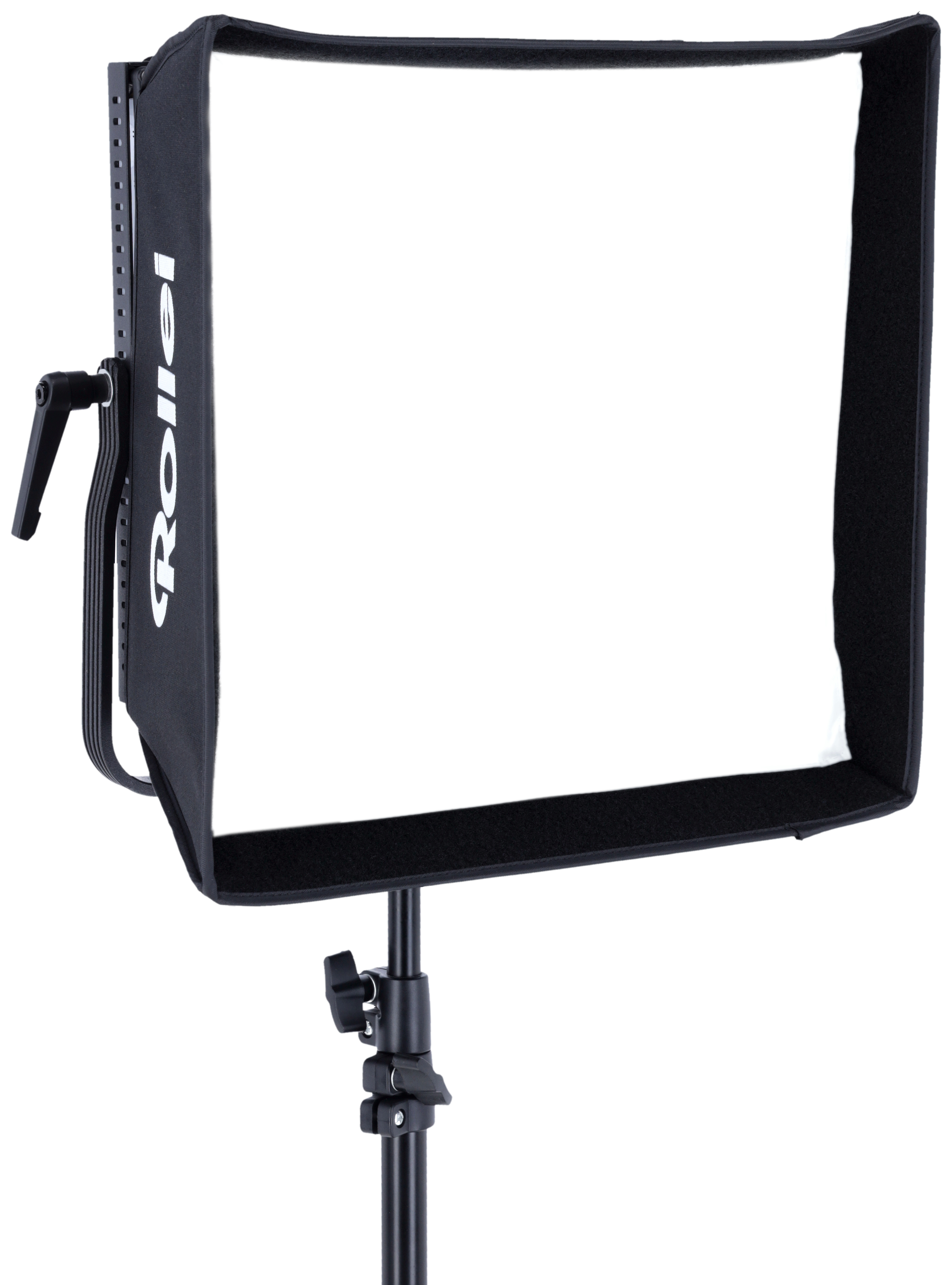 Ein rechteckiger Softbox-Lichtdiffusor mit Rollei-Logo auf einem Stativ.