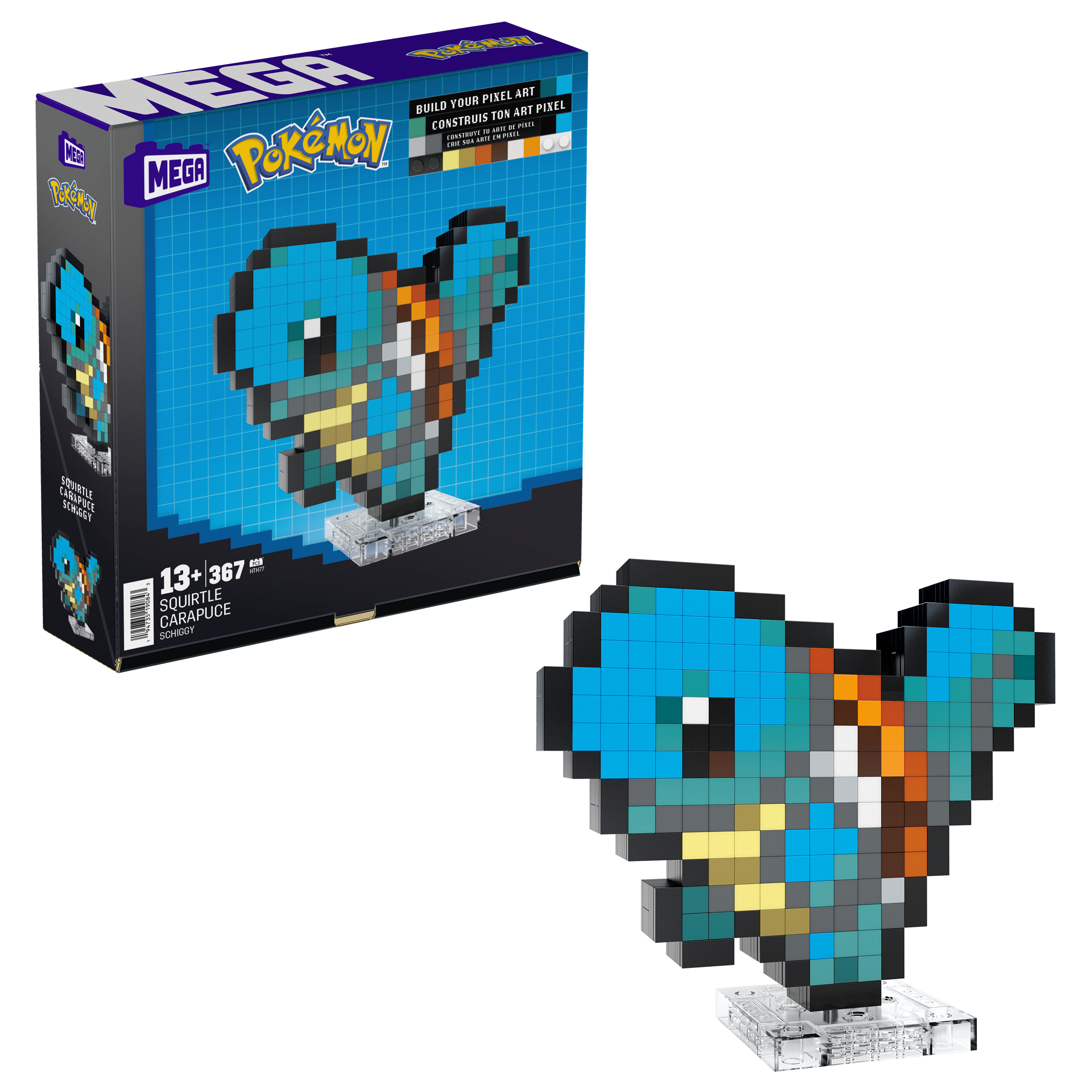 Mega Pokémon Squirtle Pixel-Art-Bausatz. Die Box und das gebaute Squirtle sind sichtbar.